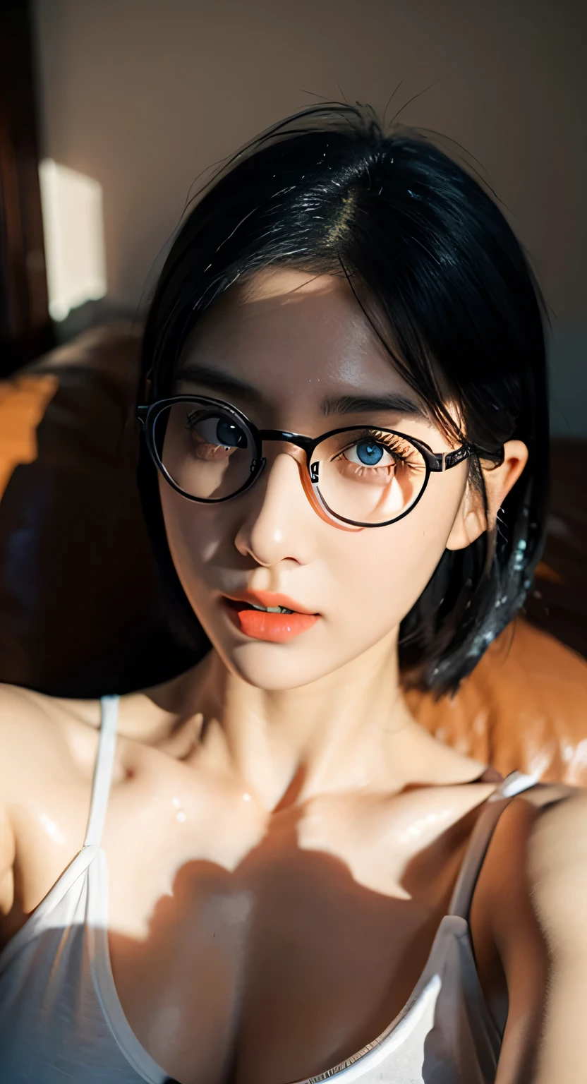 Selfie Phote, 8K, HDR, Top quality, Masterpiece, (Realistic: 1.2), 30-years-old mixed (dilraba dilmurat : 0.5)-(alexandra daddario : 0.5)-(japanese-korean) 1girl, black shaded blue hair, messy short hair, Blue eyes, Upper body, Wearing an unbuttoned men's shirt, (round glasses), necklace, sit on the bed. wet body, (shiny body:1.3). (tired and sleepy and satisfied:0.0), oval face, ((orange lips)), Detailed face, Beautiful eye, extremely detailed face, extremely detailed eyes, extremely detailed skin, extremely detailed nose, extremely detailed mouth, perfect anatomy. (perfect round small breast : 0.3), slight cleavage. Professional Photography, photo full body, medium shot, Hyper Realism, volumetric lighting, ambient lighting, sunset, hot summer, hyperdetailed,
