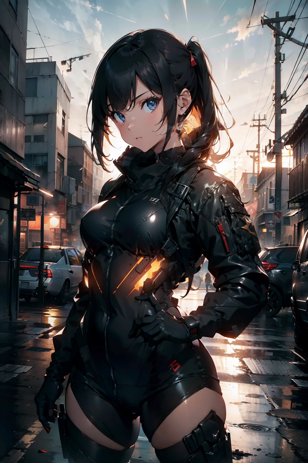 Waist up beauty girl in black body tatical combat suit holding two guns, (((cover in GTA aesthetic style::1))), golden hour illumination, sharp focus, (masterpiece), best quality, expressive eyes, perfect face, glowing