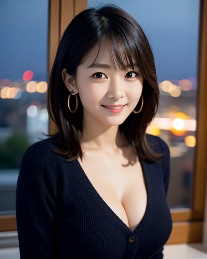 Navy Knit Shirt、japanese women, 25 years old、highest quality, High resolution, 8K, 1 girl, Medium chest、cleavage、Hotel with beautiful night view、window with night view、 Gorgeous, (medium hair),  earrings beautiful, (dynamic pose:0.8), (Upper body:1.2), soft lighting、shiny skin、looking at the viewer、Smile