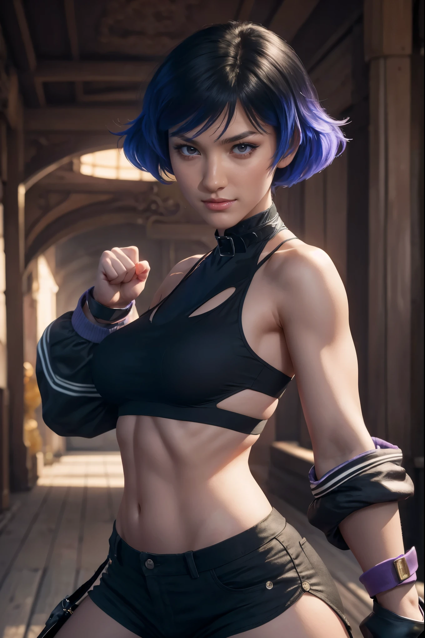 masterpiece, sexypose, Realistic, Very detailed, handsome body, Detailed body, Detailed hands, Detailed, Vibrants, Detailed Face, Reina's character design. Very detailed, Detailed body, Detailed hands, Detailed Face, anime art, extremely detailed CG unity 8k wallpaper, detailed light, Cinematic lighting, chromatic aberration, glittering, expressionless, epic composition, dark in the background, Very detailed, Detailed body, Vibrants, Detailed Face, sharp-focus, anime art, Vibrants, Detailed Face, Hugh Details, sharp-focus, Very drooping face, A detailed eye, super fine illustration, better shadow, finely detail, Beautiful detailed glow, Beautiful detailed, Extremely detailed, expressionless, epic composition, Presented at artstation, Octane Render, artstation hd, Cinematic, 4 thousand., hypermaximalist, elegant, japanese face, oriental japanese beauty face, best quality, reina, masterpiece, best quality, reina, masterpiece, best quality, reina, masterpiece, best quality, reina, masterpiece, best quality, reina, , masterpiece, best quality, reina, masterpiece, best quality, reina, purple eyes, multicolored hair, choker, bare shoulders, bare arms, large breasts, see-through, black shirt, black shorts, fingerless gloves, standing, fighting stance, pov, alleyway, grin, jabbing pose, uppercut pose, slim body, slimmer, proportional body, electric on fist