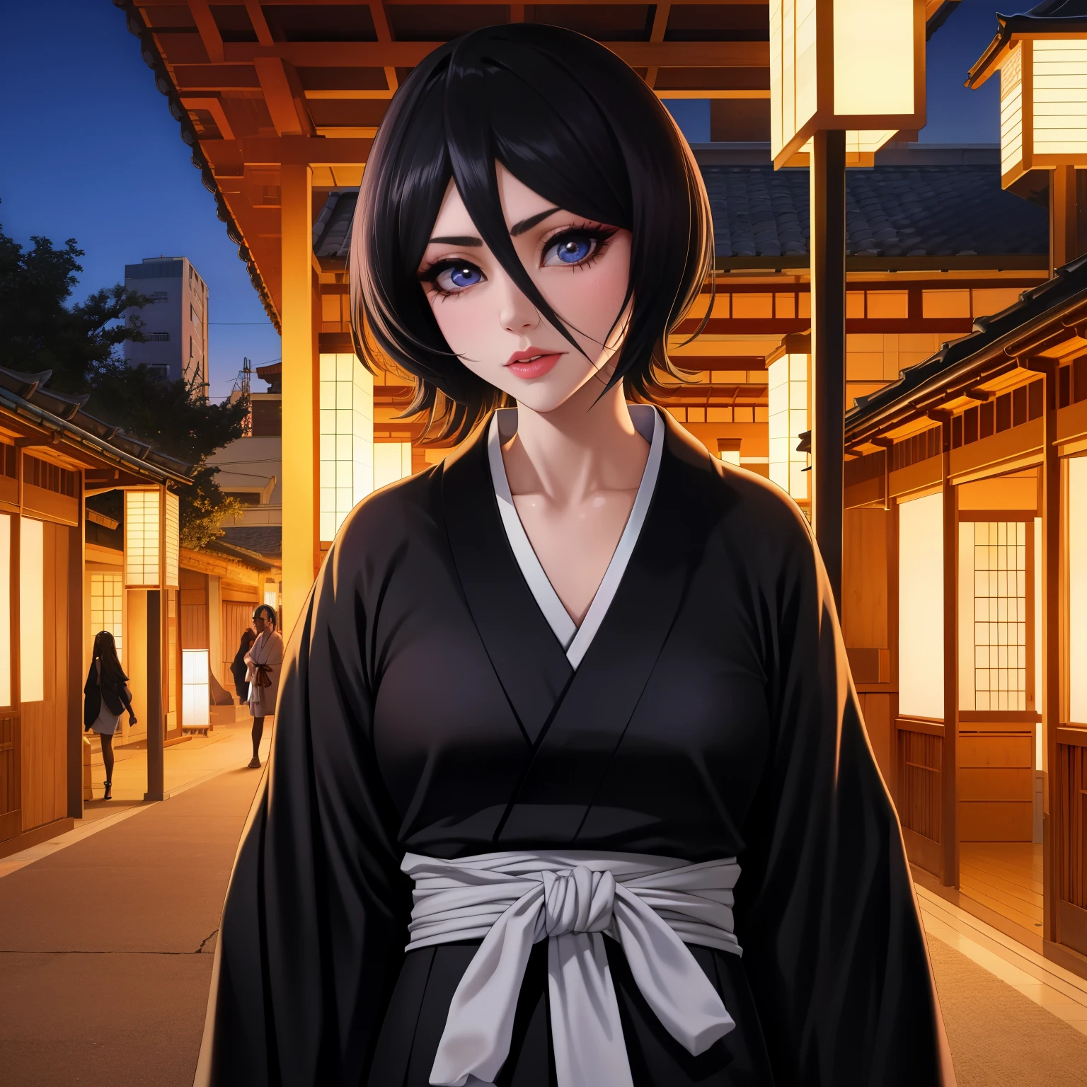 ""Rukia Kuchiki - Black Kimono" by Steve McCurry, 35mm, F/2.8, insanely detailed and intricate, High quality, high coherence, deep focused image, full-length photo, anatomically correct, short hair, (black eyelashes and hair:1.2), hair between eyes, lips, perfect nose, perfect eyes, looking at viewer, in a ancient Japanese city, at night, hypermaximalist, beautiful, appealing, attractive, super detailed, popular on Flickr, published on March 19, 2018” 