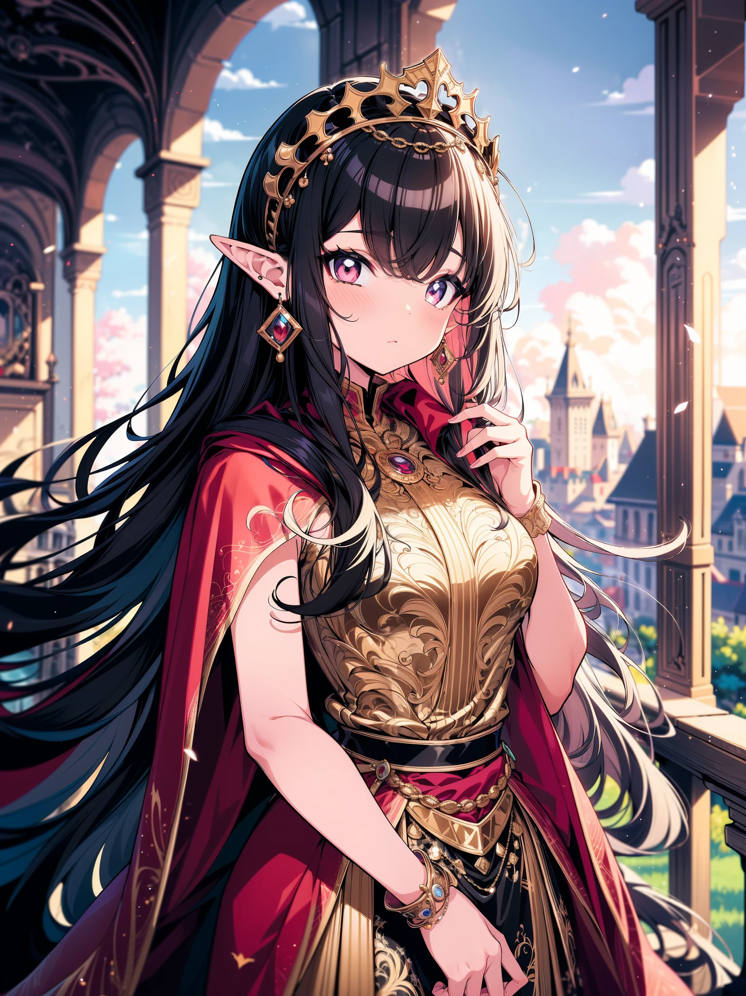 (masterpiece), (best quality, ultra-high resolution, depth of field:1.2), (perfect anatomy), Fair skin, Elf woman, pink eyes, black hair in a hime hairstyle, long hair, pink bow, gold earrings, medium breasts, (wearing an intricate gown), frills, (wearing a royalty cape), tiara, (medieval castle scenery)