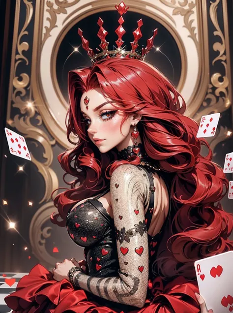 em um luxuoso cassino, a stunning woman wears an exquisite dress adorned with heart symbols, embodying the royal presence of the...