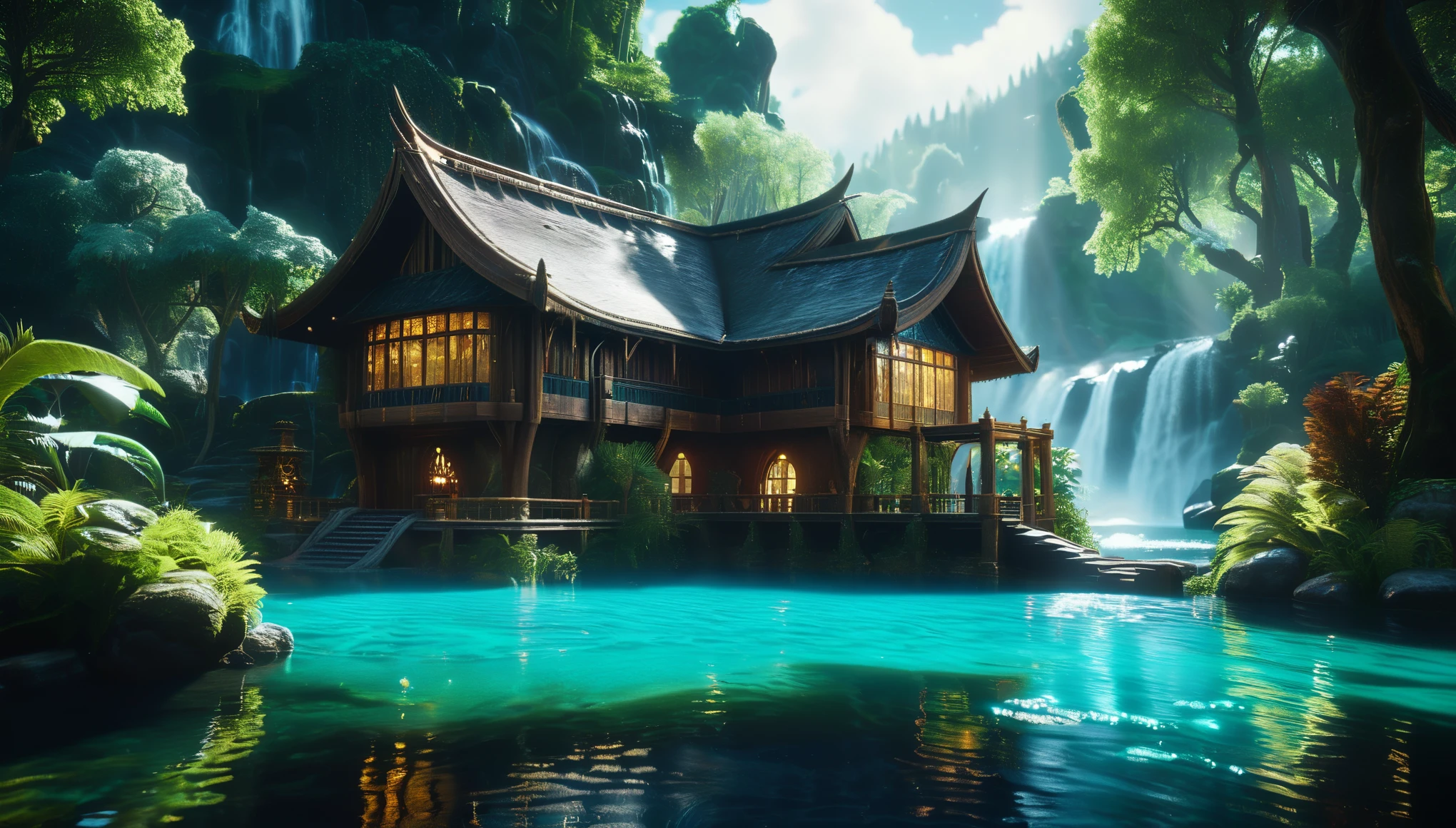 photorealistic wooden house in the middle of the lifelike forest, surrounded by realistic rivers and waterfalls, translucent fresh water with specular reflections, hyperrealistic medieval fantasy landscape, mystical atmosphere, (ultra sharp infinity focus, crystal clear. Extremely realistic ray traced scene with whimsical godrays, lifelike Volumetric lighting, ultra realistic Volumetric shadows, Volumetric Fog, Path Tracing, photon mapping, Simplygon, Displacement Mapping, Photometric stereo, Subsurface Scattering, long and deep shadows:1.3), subtle atmospheric effects, dazzling light effects, (max intricate details utilizing meticulous layered detailing to achieve insanely ultra high intricate Levels of Detail, max geometry detail, max scene detail, insanely intricate max environment detail:1.2). (Perfect antialiasing and anisotropic filtering for insanely sharp edges and contours:1.2). perfectly arranged dynamic scene, best dynamic perspective, highly decorated dynamic background, (amazing depth, immersive Depth Buffer:1:1), perfect contrast, best saturation, professional mirrorless camera in ultra HD mode, extremely sharp lens, vibrant film, (vivid CMYK colors, best color space, immaculate dynamic composition, Cutting-edge photography equipment and photorealistic rendering techniques to capture hypermaximalist detailing in best quality. Postproduction, Postprocessing. Highly polished, enhanced and refined imagery in hypermaximalist quality and breathtaking Absurdres:1.3). Trending on Artstation, Flickr, Pinterest, Lexica, ffffound, Canon, Hasselblad, Kodak, Fuji, Leica, Sigma, Nikon, Adobe Photoshop Lightroom,