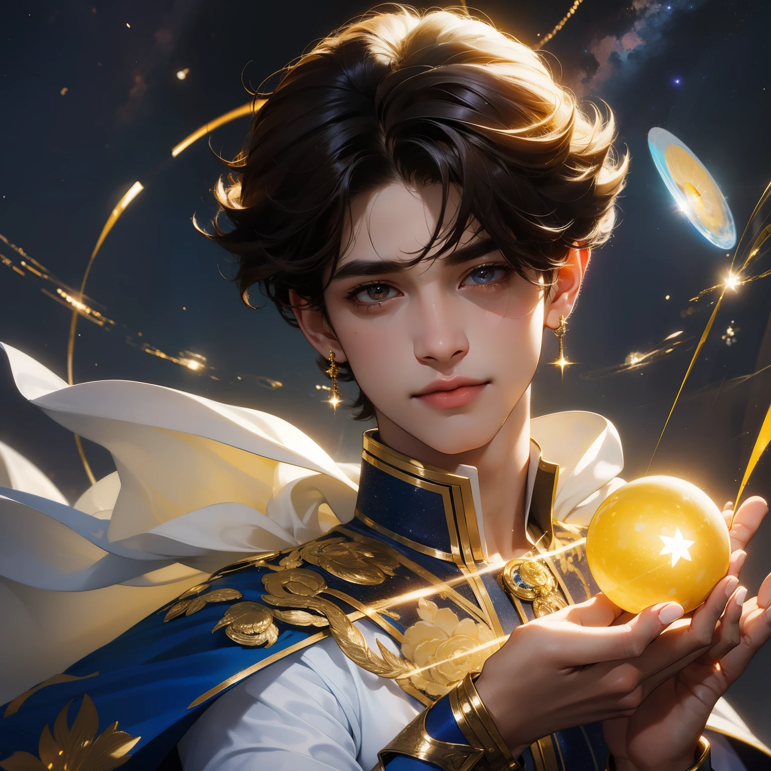 (in 8K、top quality、masterpiece:1.2)、1 boy、short hair、brown、Yellow trail in the sky、sparkling ball lightning flies through the air in his hand .Beautiful face , detailed face , beautiful hands , short tousled hairstyle . in the sky there is a huge Saturn and sparkling stars, fantastic surrealism !