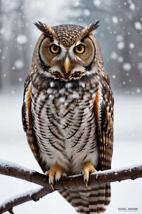 Animal photography，real photography，3D owl animal illustration，Mouse in his mouth，standing on a branch，Snowing background