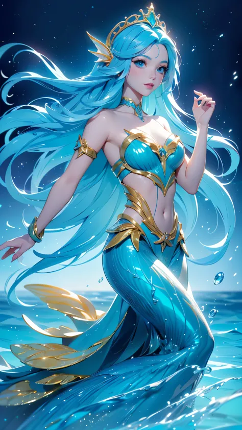 (La mejor calidad,A high resolution,Ultra - detallado,actual), Ariel a cartoon sirena with blue hair and a gold crown is swimmin...