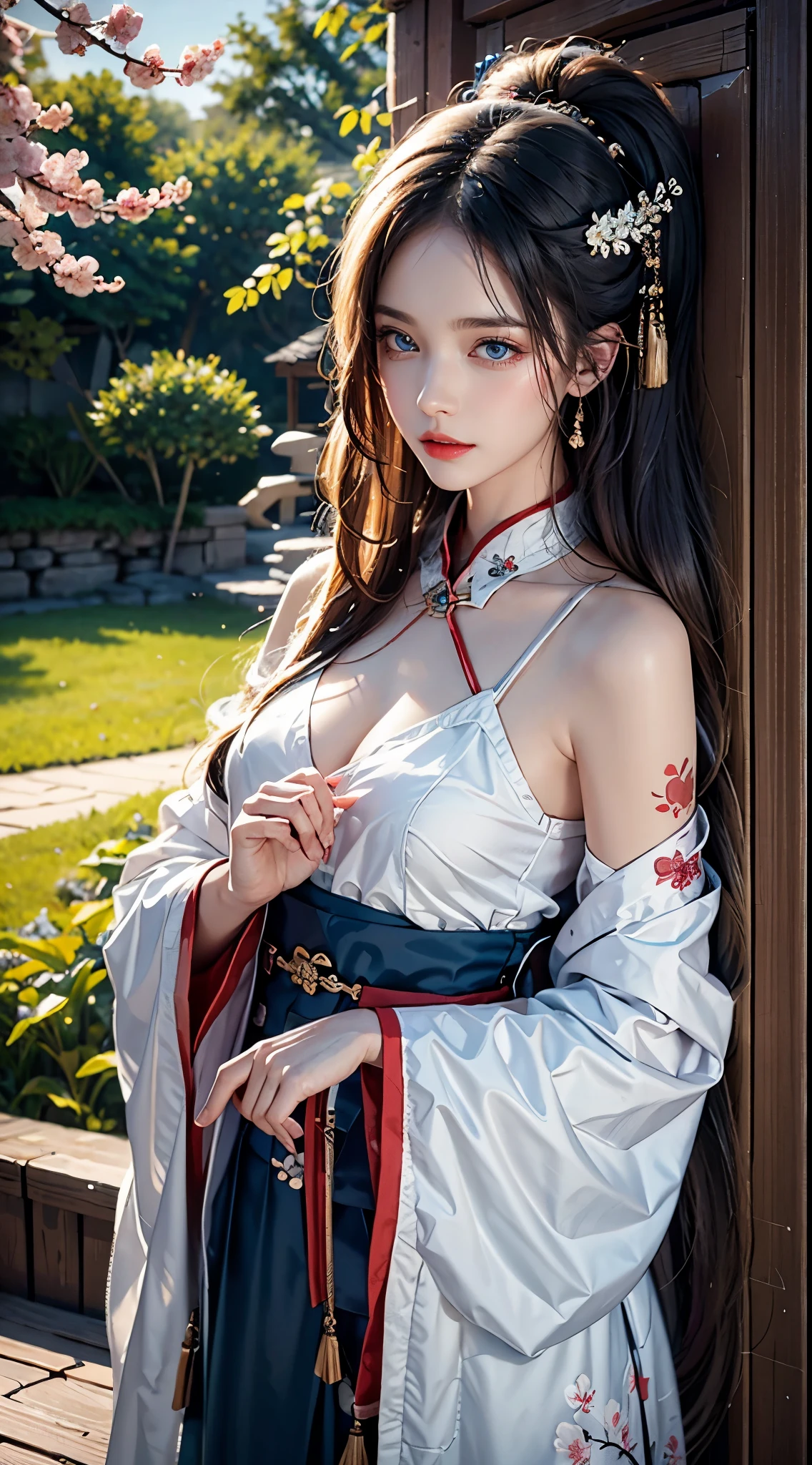 realistic, High resolution, soft light, 1 female, alone, hip up, blue eyes, long hair, Hanfu, hip up, jewelry, tattoo, Cherry Blossom