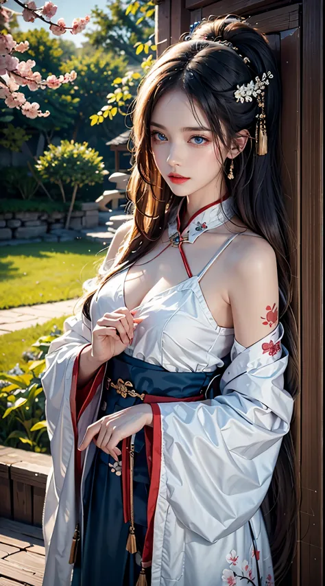 realistic, high resolution, soft light, 1 female, alone, hip up, blue eyes, long hair, hanfu, hip up, jewelry, tattoo, cherry bl...