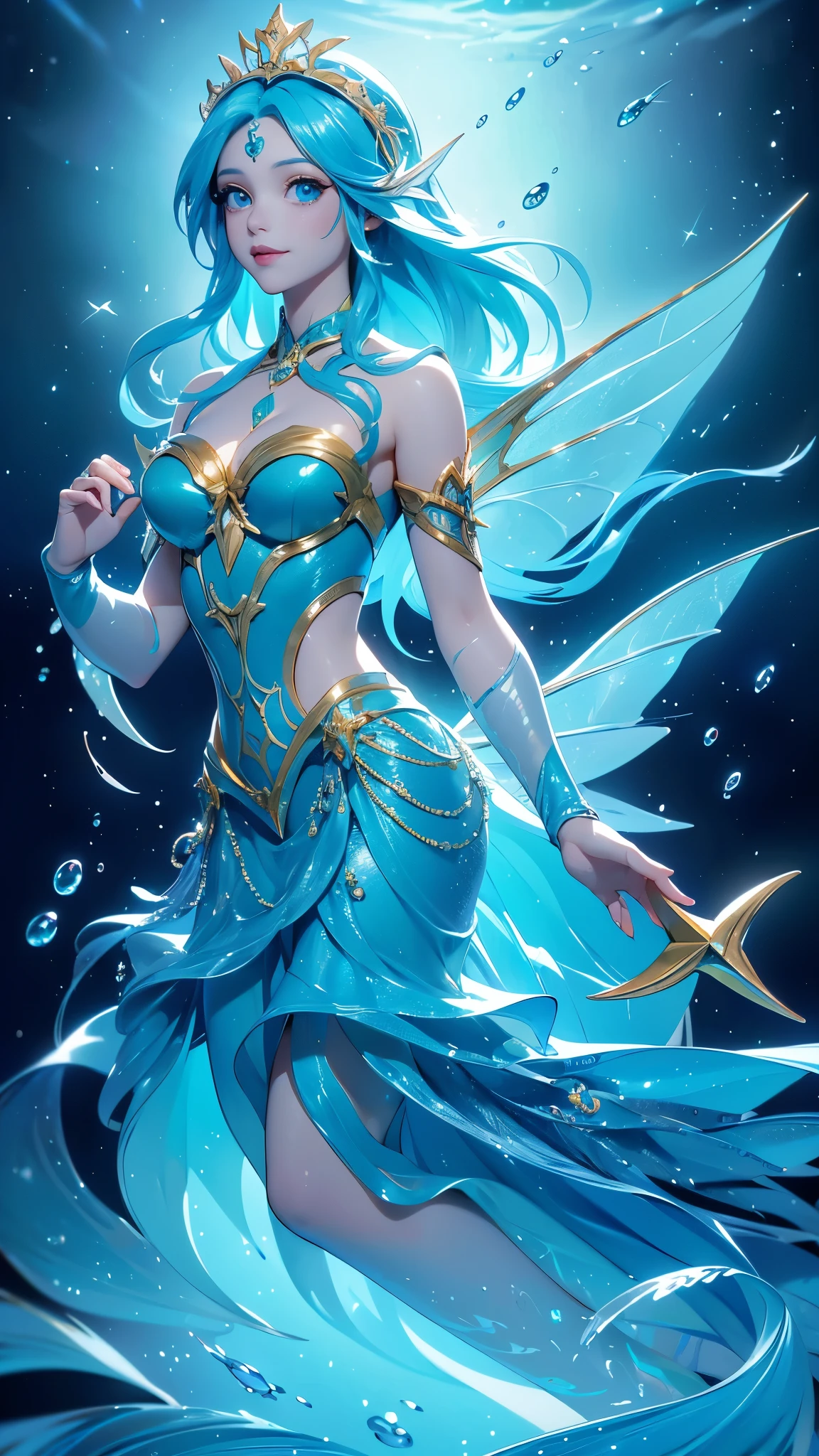 (La mejor calidad,A high resolution,Ultra - detallado,actual), Ariel a cartoon sirena with blue hair and a gold crown is swimming in the ocean, Anime de arte salpicado , diosa del mar,( ocean goddess) , marin kitagawa fan art, arte oficial, fondos de pantalla anime azul agua, sirena, high detailed arte oficialwork, anime fantasy illustration, arte oficialwork, Arte detallado de alta calidad 8k, (beautiful sirena ariel:1.4) , arte de anime digital detallado, (fondo bajo el mar dentro el agua:1.4),,( perfect anatomy) 