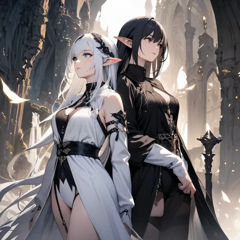 dark elves, 2 girls ,black clothes, black hair, white hair,white clothes, fantasy