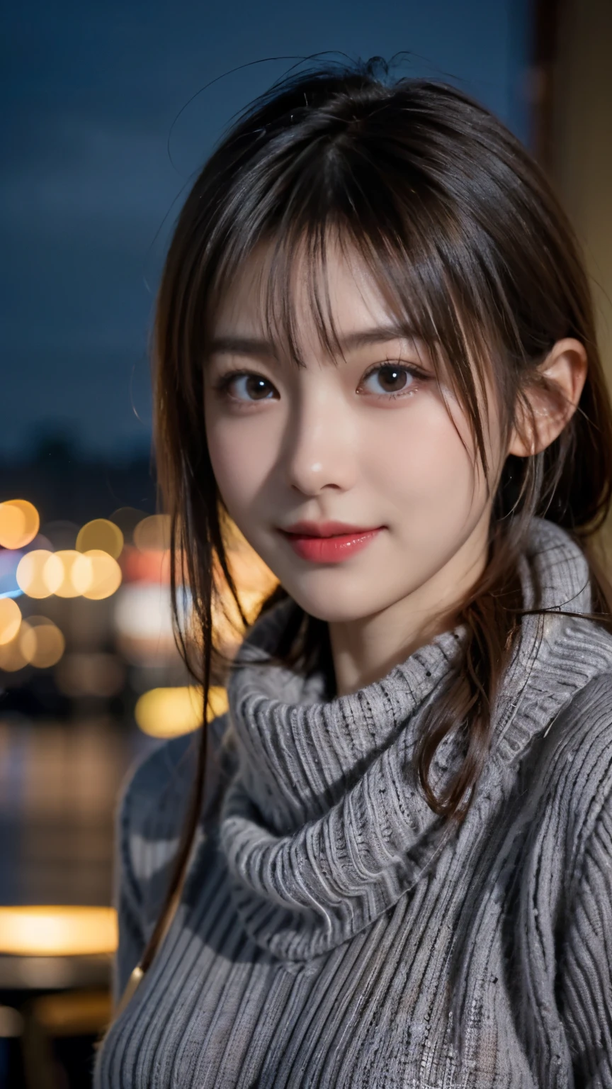 1 Japanese girl,(dark gray sweater:1.4),(she wears a knitted scarf around her neck.:1.2), (Raw photo, highest quality), (realistic, Photoreal:1.4), table top, very delicate and beautiful, very detailed, 8k wallpaper, wonderful, finely, Very detailed CG consistency, High resolution, soft light, Beautiful detailed 19 year old girl, very detailed目と顔, beautifully detailed nose, detailed and beautiful eyes,cinematic lighting,night city lights,perfect anatomy,slender body,smile  (hair is dirty, asymmetrical bangs, light brown hair,)