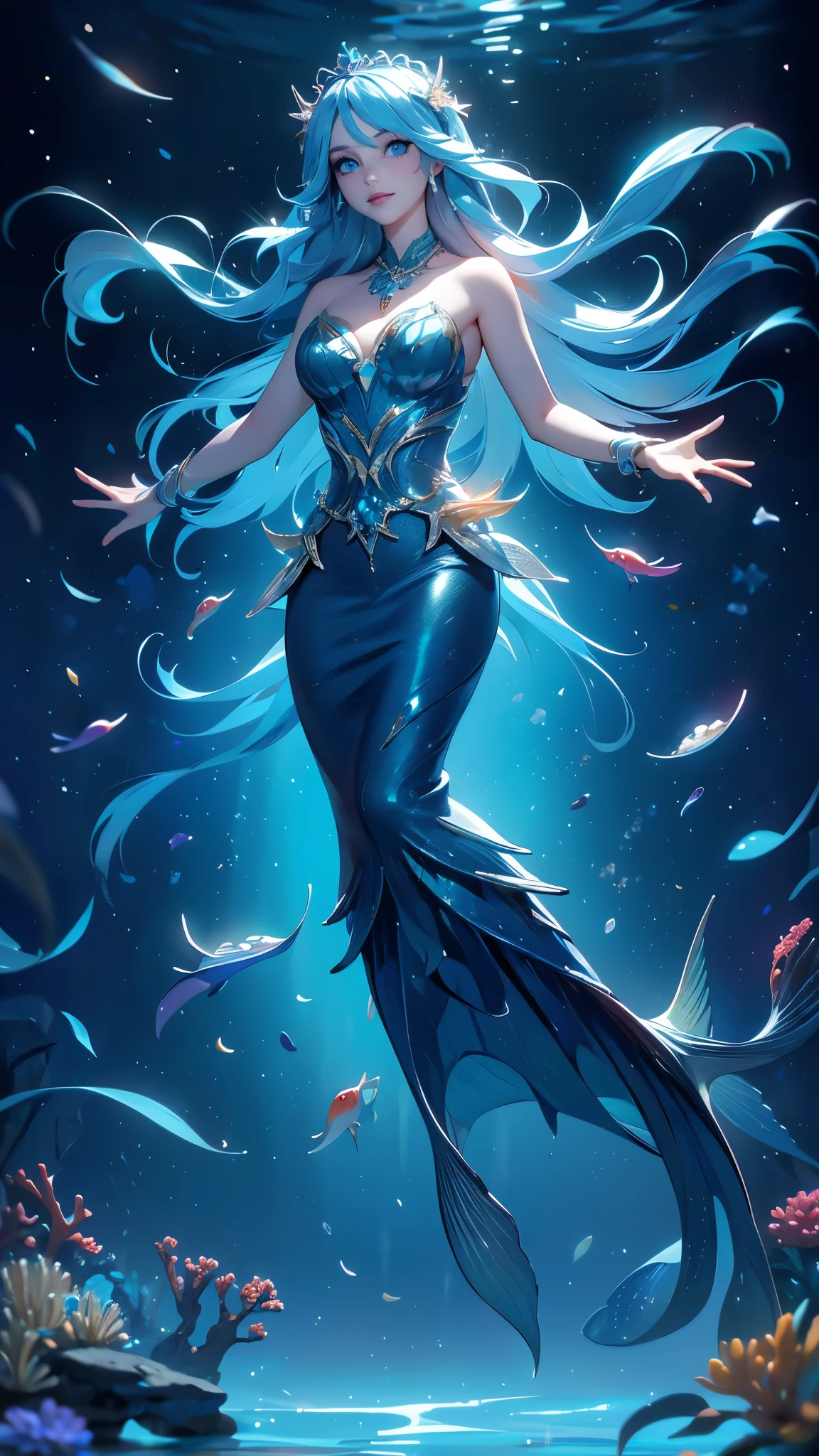 Realistisches Foto, bestmögliche Qualität, ultra-realistisch, Meer, Meerbed, Unterwasser, Korallen und Riffe, a Meerjungfrau, Eine schöne junge Frau, mit zufällig im Wasser schwimmenden Haaren, Von der Taille bis zu den Zehen, sie hat einen Fischschwanz, Meerjungfrau, Schwimmen mit Fischschwärmen, (Sirena v2.1),( hat einen großen Fischschwanz ), (Schöne blaue Augen :1.4) 