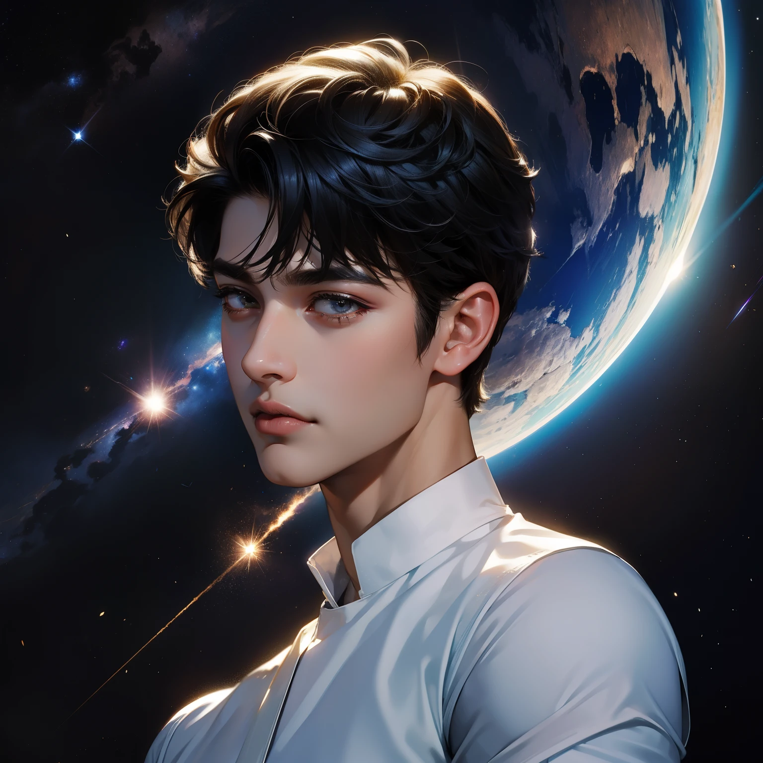 top quality、masterpiece、1 boy、short hair, meteorite trail in the sky、sparkling ball lightning flies through the air in his hand .Beautiful face , detailed face , short tousled hairstyle . in the sky there is a huge Saturn and sparkling stars, fantastic surrealism !