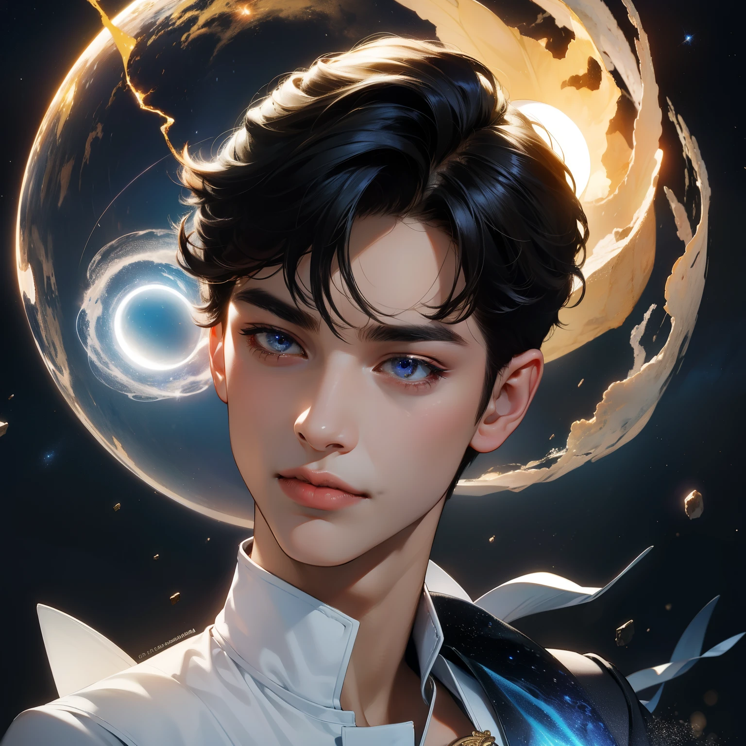 (in 8K、top quality、masterpiece:1.2)、1 boy、short hair, meteorite trail in the sky、sparkling ball lightning flies through the air in his hand .Beautiful face , detailed face , beautiful hands , short tousled hairstyle . in the sky there is a huge Saturn and sparkling stars, fantastic surrealism !