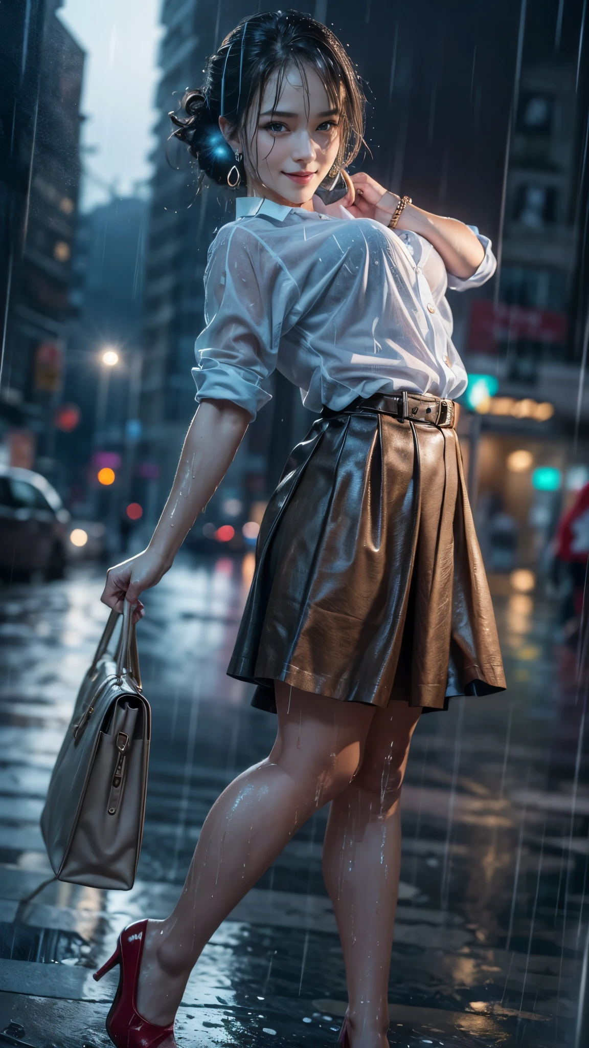 (RAW shooting, Photoreal:1.5, 8K, highest quality, masterpiece, ultra high resolution), perfect dynamic composition:1.2, Night street corner of a modern city, emotion:1.3, (((Typhoon heavy rain))), Highly detailed skin and facial textures:1.2, Slim office lady wet in the rain:1.3, sexy beauty:1.1, perfect style:1.2, beautiful and aesthetic:1.1, Fair skin, very beautiful face, water droplets on the skin, (rain drips all over my body:1.2, wet body, wet hair:1.4, wet office skirt:1.2, wet office lady uniform:1.3), belt, (Medium chest, bra is see-through, Chest gap), (look of resignation, embarrassing smile, The expression on your face when you feel intense caress, Facial expression when feeling pleasure), (beautiful blue eyes, Eyes that feel beautiful eros:0.8), (Too erotic:0.9, Bewitching:0.9), cowboy shot, Shoulder bag, necklace, earrings, bracelet, clock