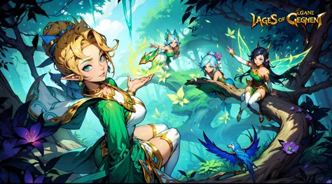 Cartoon picture of a woman and two children in the forest, tan skin, League of Legends art style, Official splash art, From League of Legends, League of Legends style art, Elf, Elfs, Style ivan talavera and artgerm, guys, fairies, fantasy art style, zanlat...