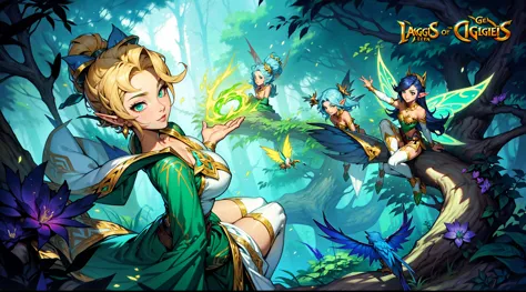 Cartoon picture of a woman and two children in the forest, tan skin, League of Legends art style, Official splash art, From Leag...