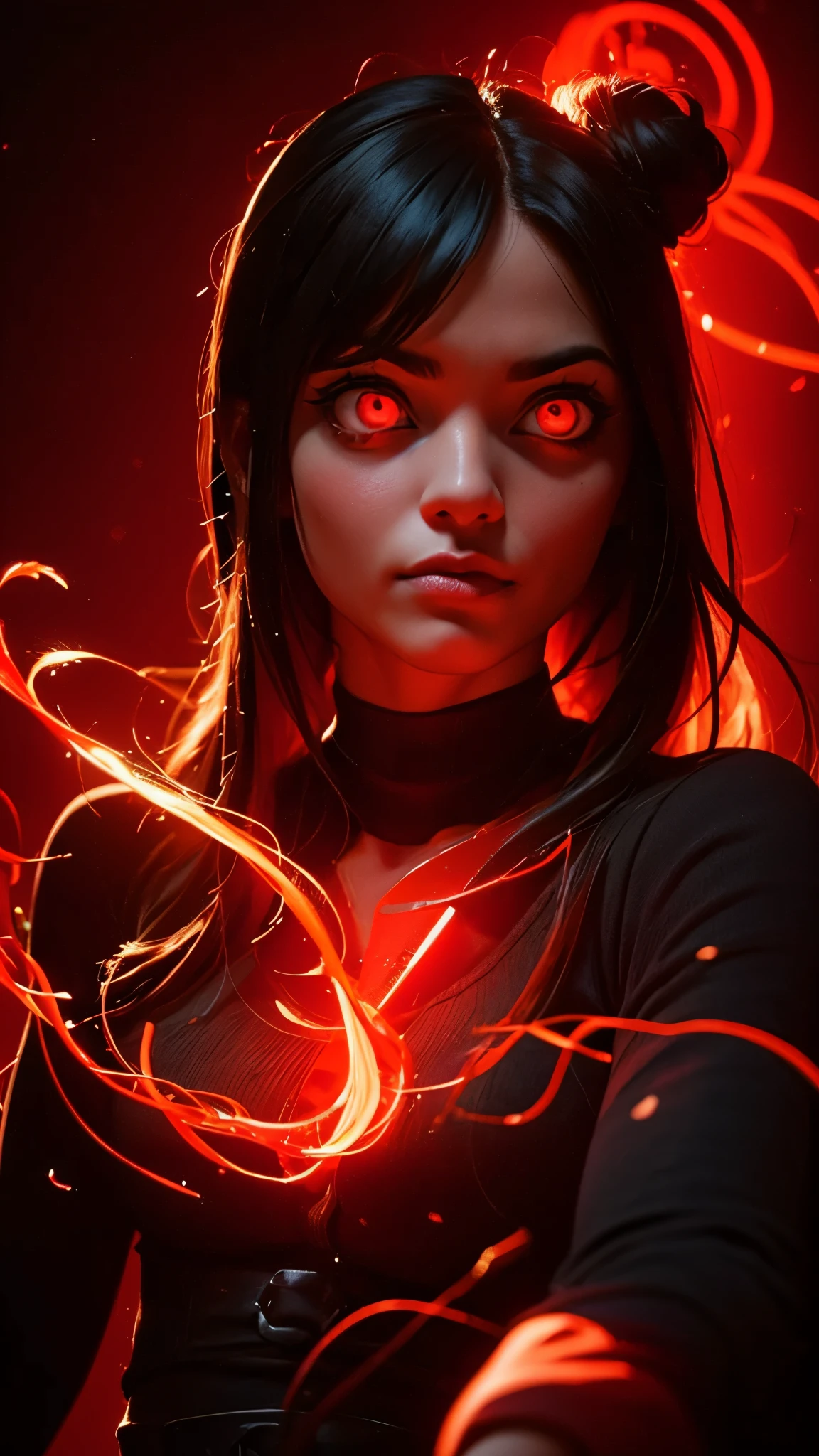 a woman in a black dress, glowing red, red and cinematic lighting, red glowing skin, red glow, cinematic red lighting, darkness aura red light, 3 d neon art of a womens body, red neon, with red glowing eyes, red on black, detailed red lighting, with glowing red eyes, red lighting, dark glowing red aura