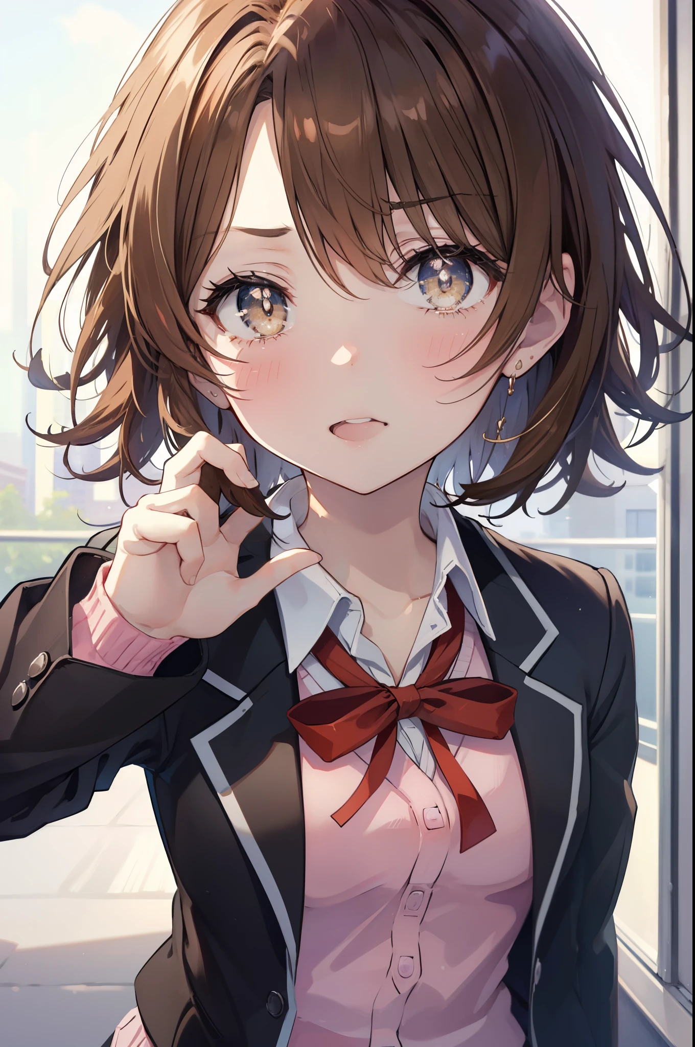 irohaisshiki, iroha isshiki, short hair, brown hair, (brown eyes:1.5), Smile with open mouth,blush,tears run down her face,tears of joy,
break skirt, shirt, ribbon, , Jacket, white shirt, closed clothes, socks, open Jacket, black Jacket, plaid, knee high, plaid skirt, blazer, cardigan, black socks, pink cardigan, the room is expensive ,Gymの舞台上でスピーチしている,graduation ceremony,
break indoors, School　Gym,
break looking at viewer,
break (masterpiece:1.2), highest quality, High resolution, unity 8k wallpaper, (shape:0.8), (fine and beautiful eyes:1.6), highly detailed face, perfect lighting, Very detailed CG, (perfect hands, perfect anatomy),