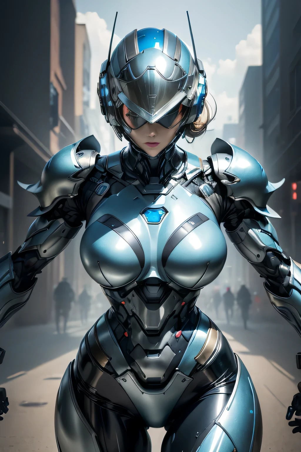 female robocop solo、Armor that completely covers the whole body、very large armor、Helmet covering the head、helmet with straight, narrow goggles to hide your eyes、metallic sky blue armor、Armor that completely covers the chest、thin and long legs、Vibrant Posel Body View,big and full breasts:1.3, (sports body:1.5)、The lower half of the face is exposed、luscious lips、five fingers、Photos in the city