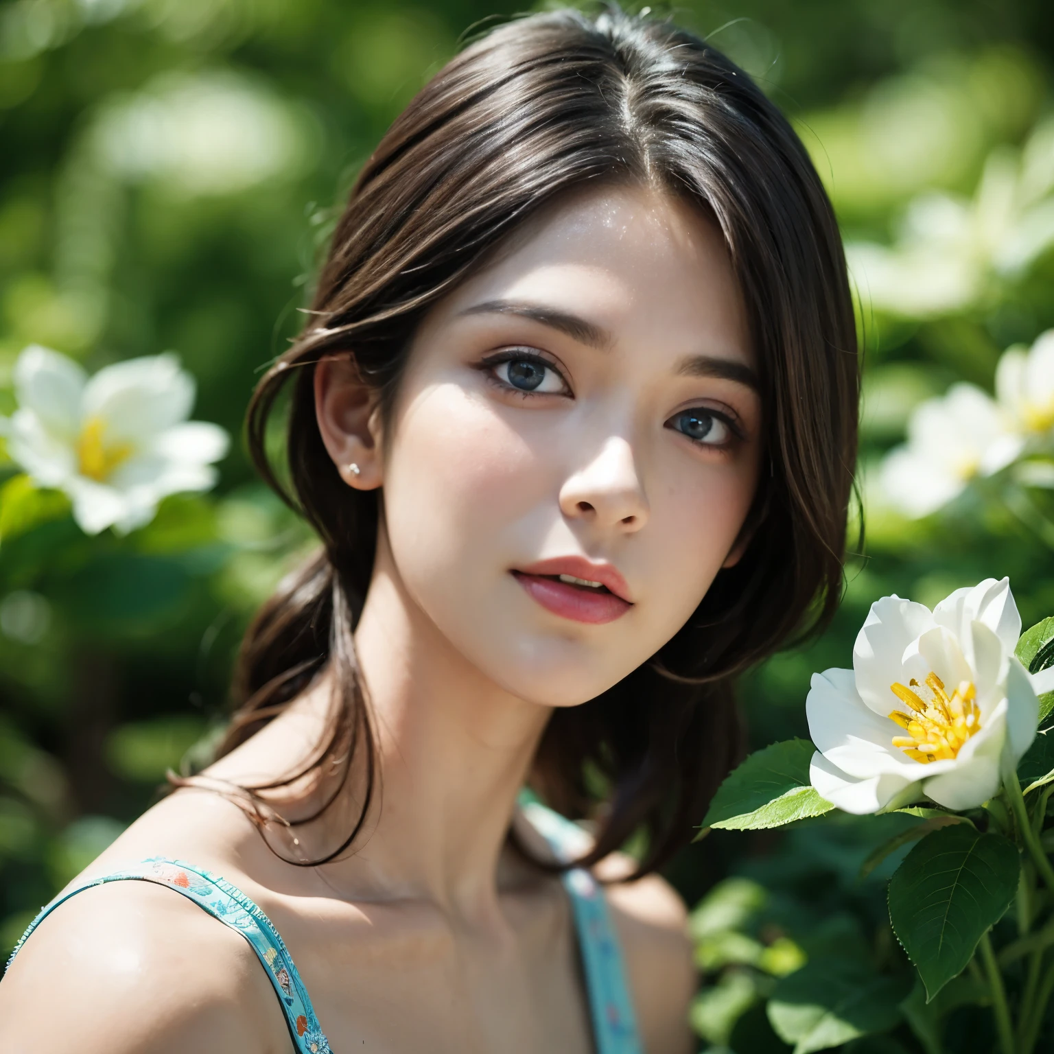 masterpiece, Best quality, realistic、Charming guy、Portrait of a handsome guy、1 guy, Blue eyes、Beautiful detailed eyes、sparkling eyes、flawless face、Perfect eyes,Perfect lips、flawless skin、Beautiful nose、beautiful mouth、short haircut, shaky soft blonde hair, brunette, short hair , flowers in hands , In the flower greenhouse, Portraiture、professional artwork、фотоrealistic、Elegant face、Flawless anatomy、shirtless. naked torso,ideal male body、male model ! Ultra realistic painting、fantastic male beauty !