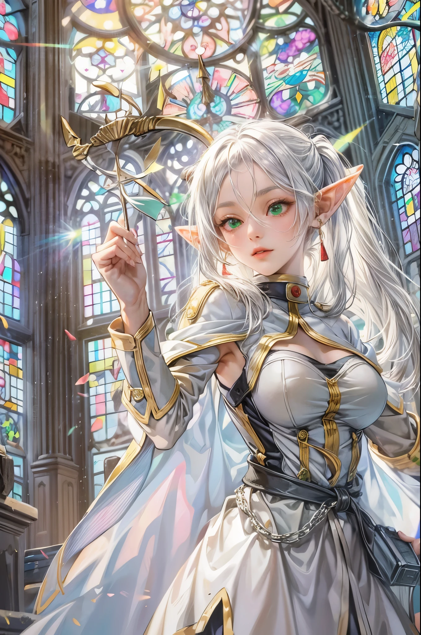 (masterpiece, best quality) 1girl, solo, beautiful, elf, pointy ears, white hair, twintail, green eyes, white dress, white cape, magician staff, church window, magic circle, Cathedral background