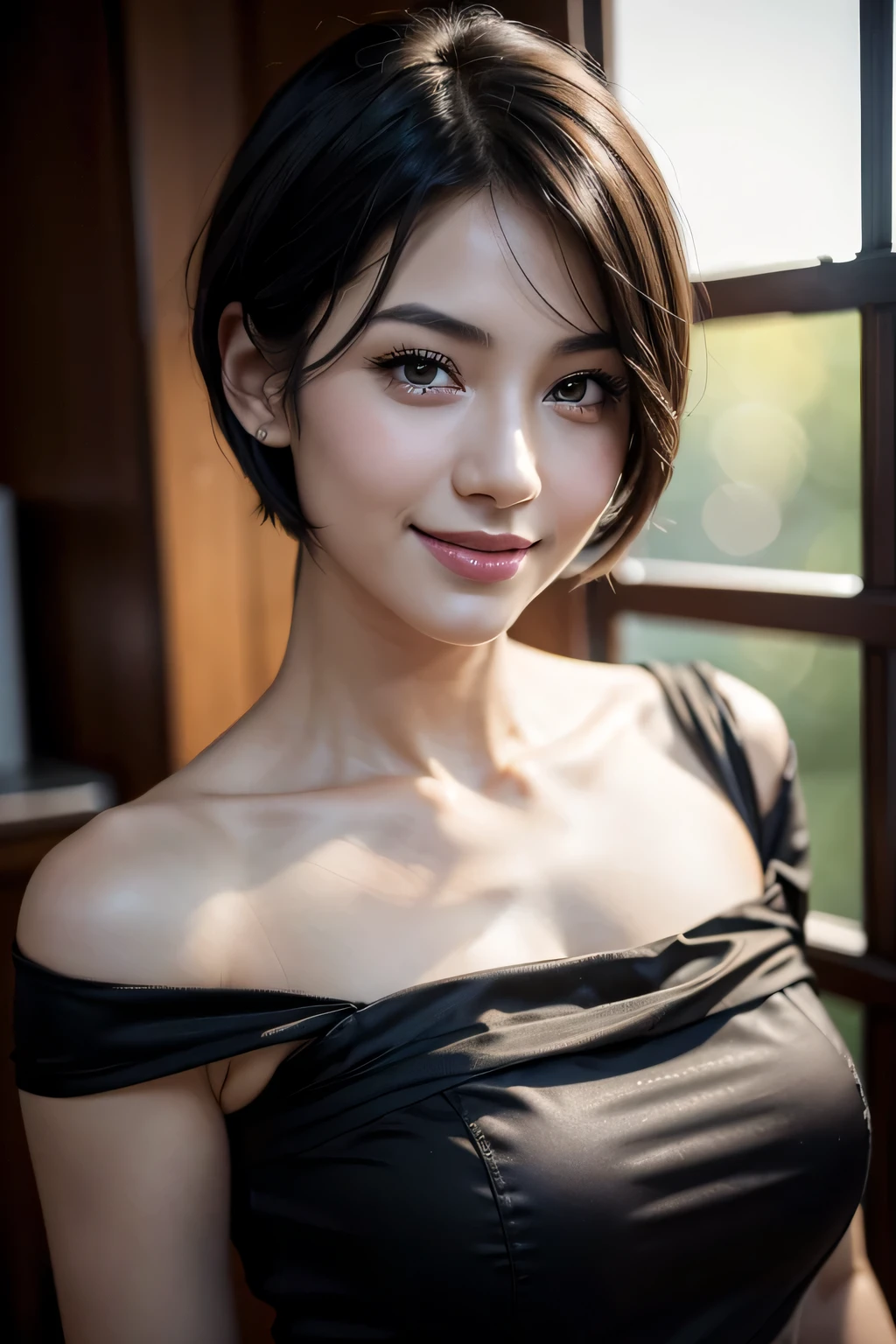 (masterpiece:1.3), (8K, realistic, Raw photo, highest quality: 1.4), Japanese々, (1 girl),25 years old, beautiful face, (realistic face), (black hair, short hair:1.3), beautiful hairstyle, realistic eyes, beautiful eyes, beautiful eyes, (realistic skin), beautiful skin, charm, Ultra High resolution, High resolution, close, portrait, golden ratio, detail makeup, look at the beholder, smile, (shoulder look), Medium chest,