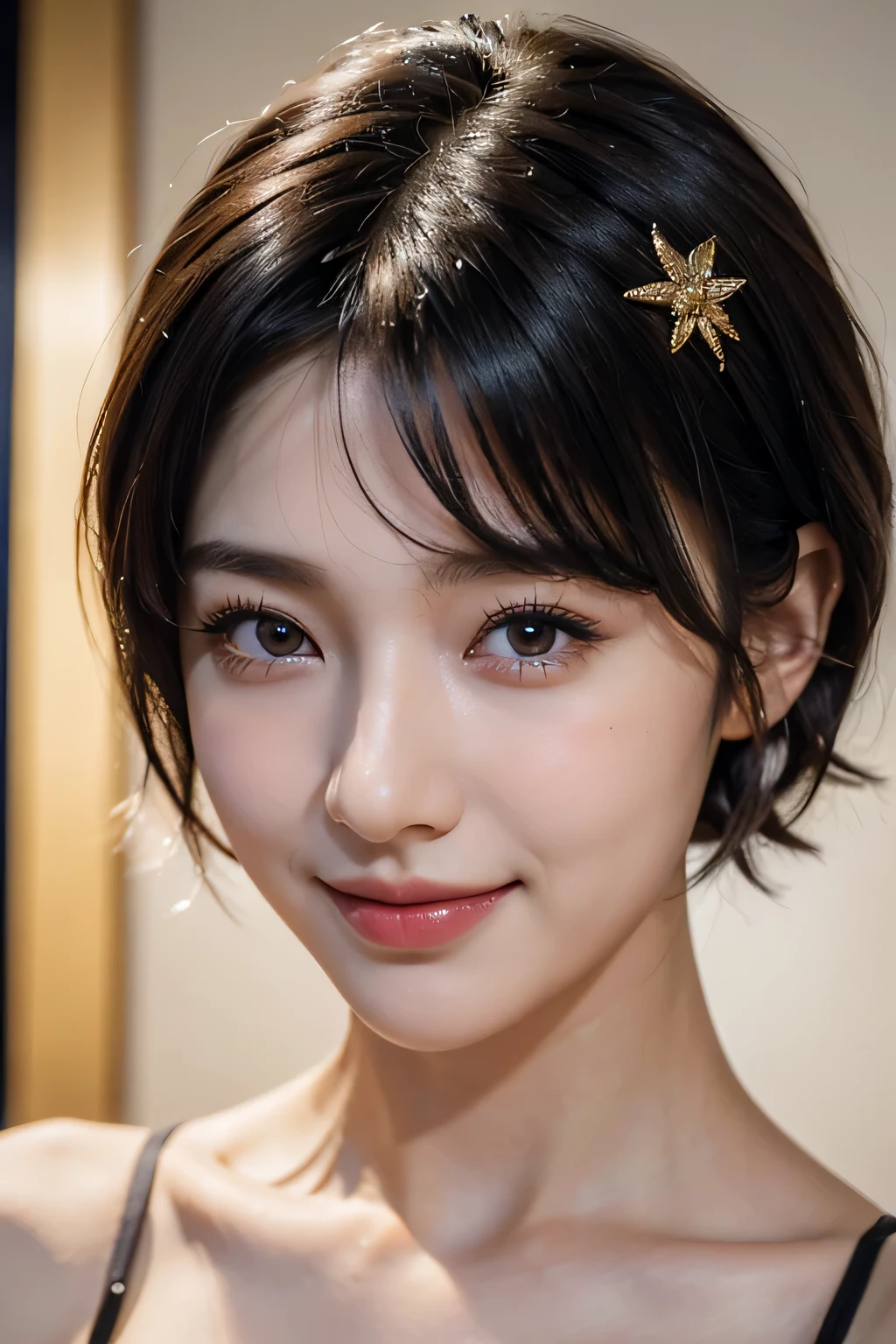 (masterpiece:1.3), (8K, realistic, Raw photo, highest quality: 1.4), Japanese々, (1 girl),25 years old, beautiful face, (realistic face), (black hair, short hair:1.3), beautiful hairstyle, realistic eyes, beautiful eyes, beautiful eyes, (realistic skin), beautiful skin, charm, Ultra High resolution, High resolution, close, portrait, golden ratio, detail makeup, look at the beholder, smile, (shoulder look), small breasts,no makeup、high nose