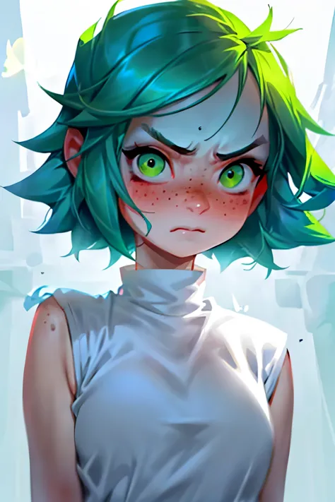 (highest quality)(Cool colors)(Large light ratio 1：32)(medium shot)(Pure white environment)；one showing teeth，Angry girl with sh...