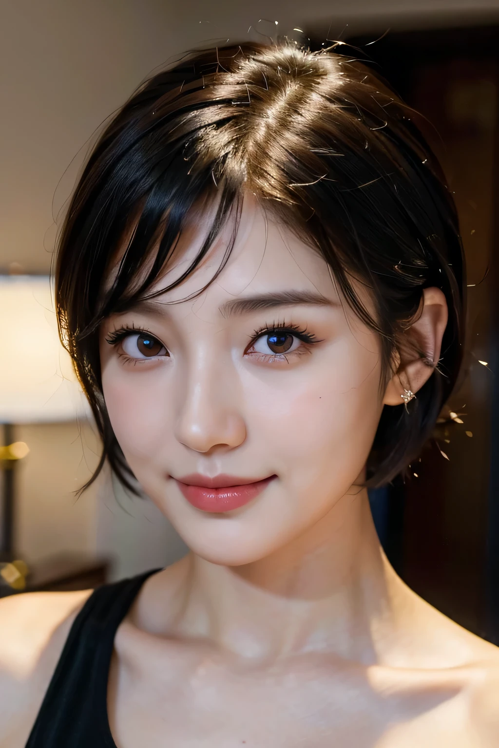 (masterpiece:1.3), (8K, realistic, Raw photo, highest quality: 1.4), Japanese々, (1 girl),25 years old, beautiful face, (realistic face), (black hair, short hair:1.3), beautiful hairstyle, realistic eyes, beautiful eyes, beautiful eyes, (realistic skin), beautiful skin, charm, Ultra High resolution, High resolution, close, portrait, golden ratio, detail makeup, look at the beholder, smile, (shoulder look), small breasts,no makeup、high nose