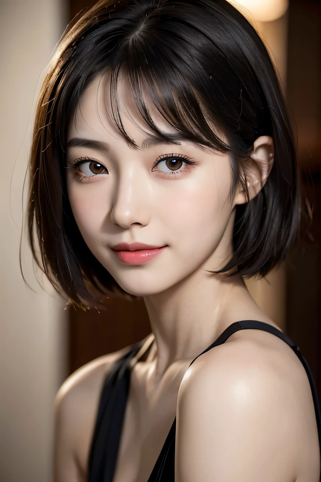 (masterpiece:1.3), (8K, realistic, Raw photo, highest quality: 1.4), Japanese々, (1 girl),2, beautiful face, (realistic face), (black hair, short hair:1.3), beautiful hairstyle, realistic eyes, beautiful eyes, beautiful eyes, (realistic skin), beautiful skin, charm, Ultra High resolution, High resolution, close, portrait, golden ratio, detail makeup, look at the beholder, smile, (shoulder look), small breasts,no makeup、high nose