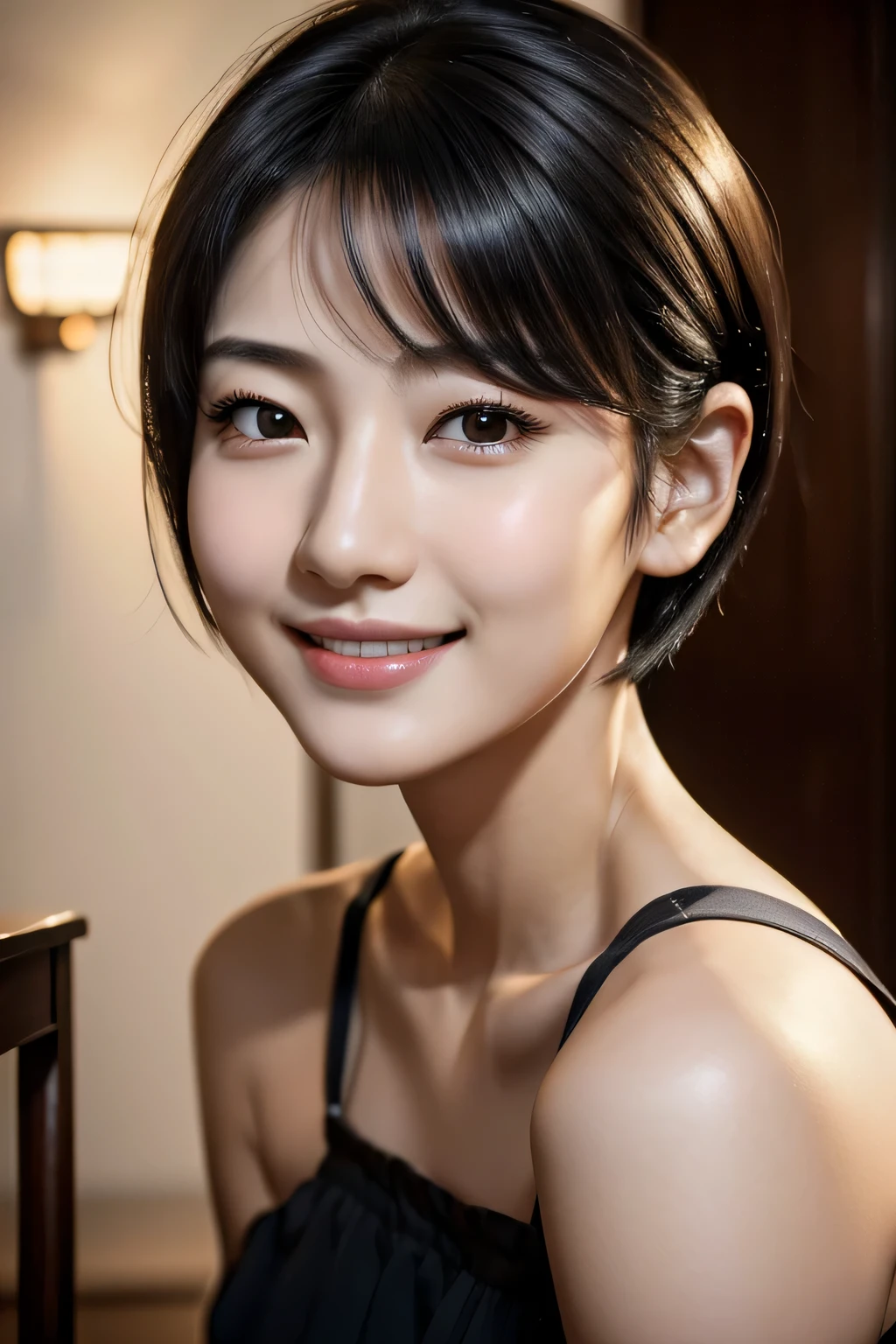 (masterpiece:1.3), (8K, realistic, Raw photo, highest quality: 1.4), Japanese々, (1 girl),25 years old, beautiful face, (realistic face), (black hair, short hair:1.3), beautiful hairstyle, realistic eyes, beautiful eyes, beautiful eyes, (realistic skin), beautiful skin, charm, Ultra High resolution, High resolution, close, portrait, golden ratio, detail makeup, look at the beholder, smile, (shoulder look), small breasts,no makeup、high nose