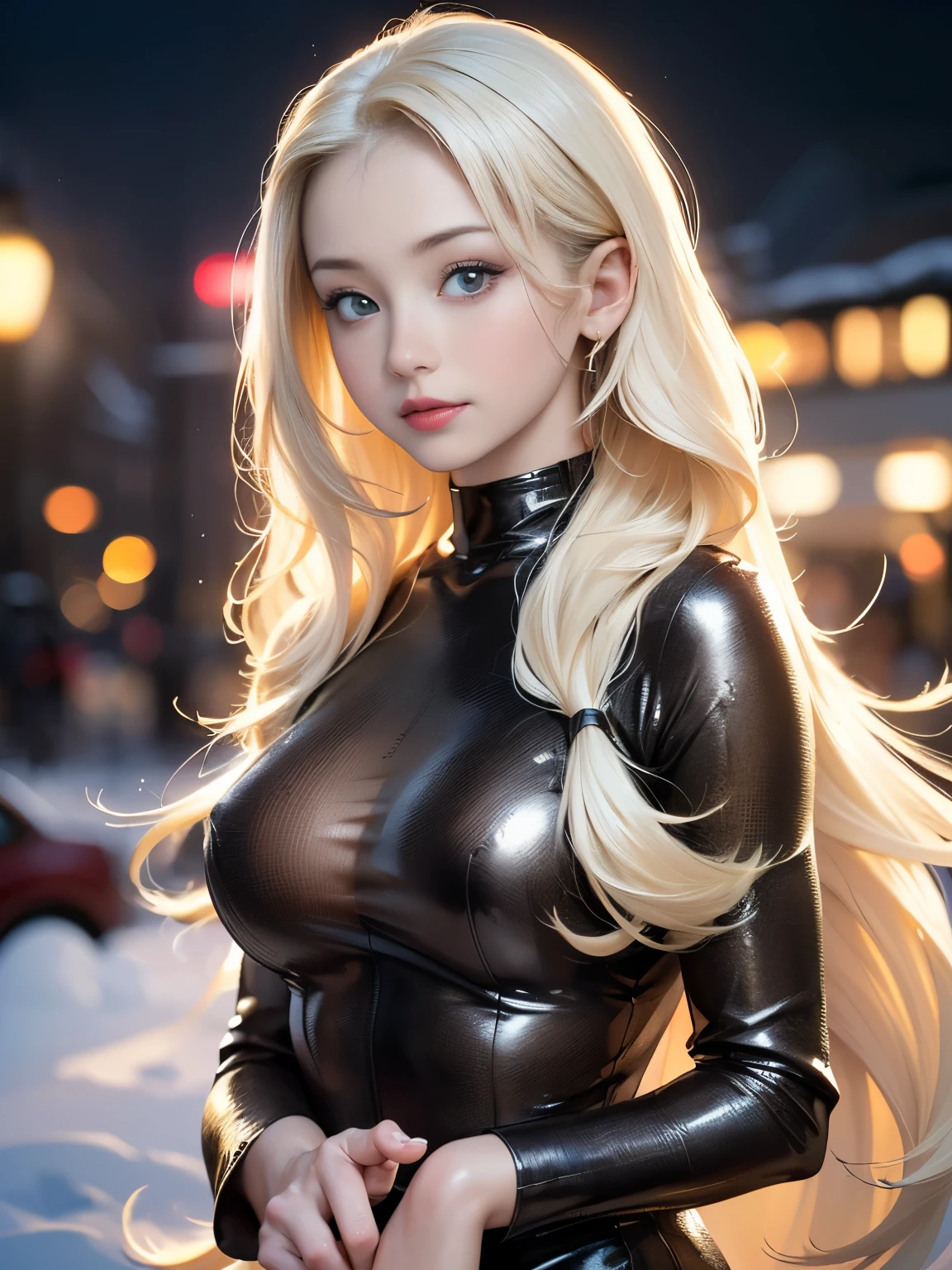 (highest quality, 8k, High resolution, realistic:2.0), (((alone, one girl:2.0))),(lit: front),(lit: strong),(ultimate beautiful girl:2.0),(shiny skin),(oily skin),(platinum blonde hair:1.3),(straight long hair:2.0),blush brown makeup , dark eye makeup , use pink glossy lipstick,(girl with big beady eyes:1.5),((round face, smile, big breasts,big ass))、flushed complexion、((upper body portrait)) 、((snowy winter outdoors))、（anatomically correct）、（perfect body proportions)、 ((perfect hands))、 (((perfect fingers)))、(oily skin:1.5)、