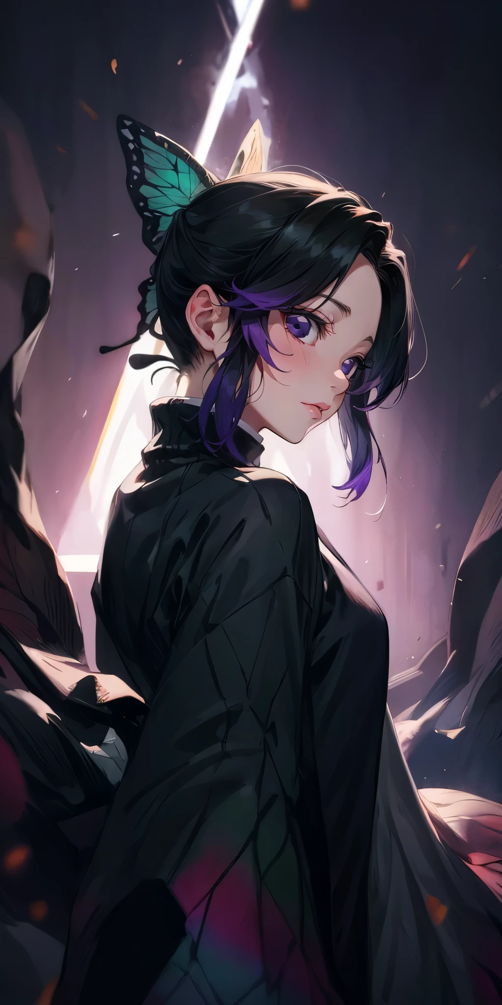 1girl, solo, kochou shinobu, butterfly hair ornament, purple eyes, multicolored hair, short hair, parted bangs, haori, wide sleeves, long sleeves, black pants, black jacket, belt, breasts, epic art, fantasy, 1girl, solo, looking_at_viewer, jacket, sweater, upper_body, sidelocks, breasts,  coat, ribbed_sweater, turtleneck, looking at viewer, (shaded face:1.2), hollow eyes, purple eyes, looking at viewer, lips, steaming face, expressionless, looking at viewer, "Photorealistic, Hyperrealistic, Hyperdetailed, analog style, soft lighting, subsurface scattering, realistic, heavy shadow, masterpiece, best quality, ultra realistic, 8k, golden ratio, Intricate, High Detail, film photography, soft focus"