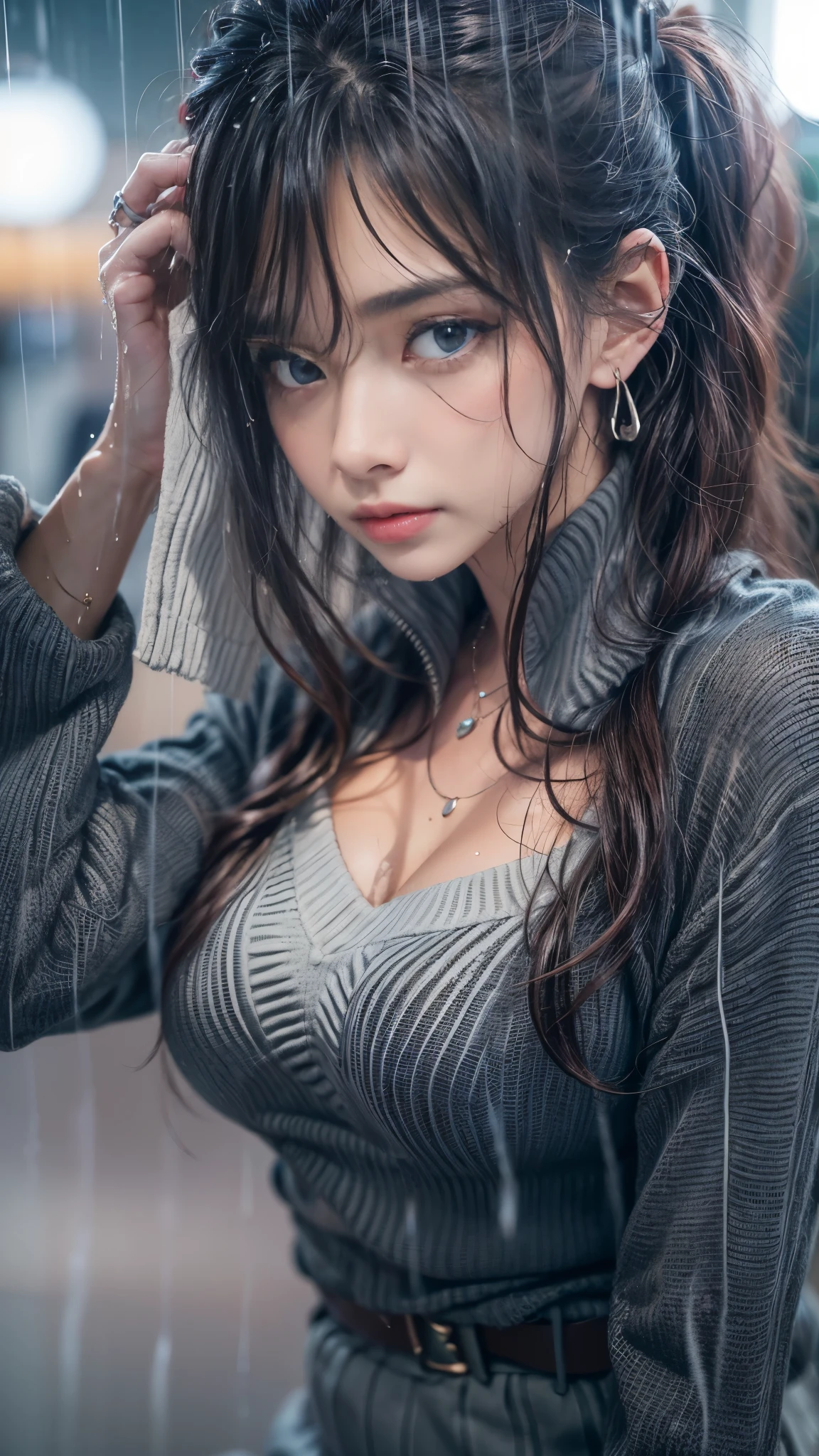 (RAW shooting, Photoreal:1.5, 8K, highest quality, masterpiece, ultra high resolution), perfect dynamic composition:1.2, street corner at night, Are crying:1.3, (((Typhoon heavy rain))), Highly detailed skin and facial textures:1.2, Slim office lady wet in the rain:1.3, sexy beauty:1.1, perfect style:1.2, beautiful and aesthetic:1.1, Fair skin, very beautiful face, water droplets on the skin, (rain drips all over my body:1.2, wet body, wet hair:1.4, wet office skirt:1.2, wet office lady uniform:1.3), belt, (Medium chest, Bra see-through, Chest gap), (expression of sadness, embarrassing smile, The expression on your face when you feel intense caress, Facial expression when feeling pleasure), (beautiful blue eyes, Eyes that feel beautiful eros:0.8), (Too erotic:0.9, Bewitching:0.9), cowboy shot, Shoulder bag, necklace, earrings, bracelet, clock