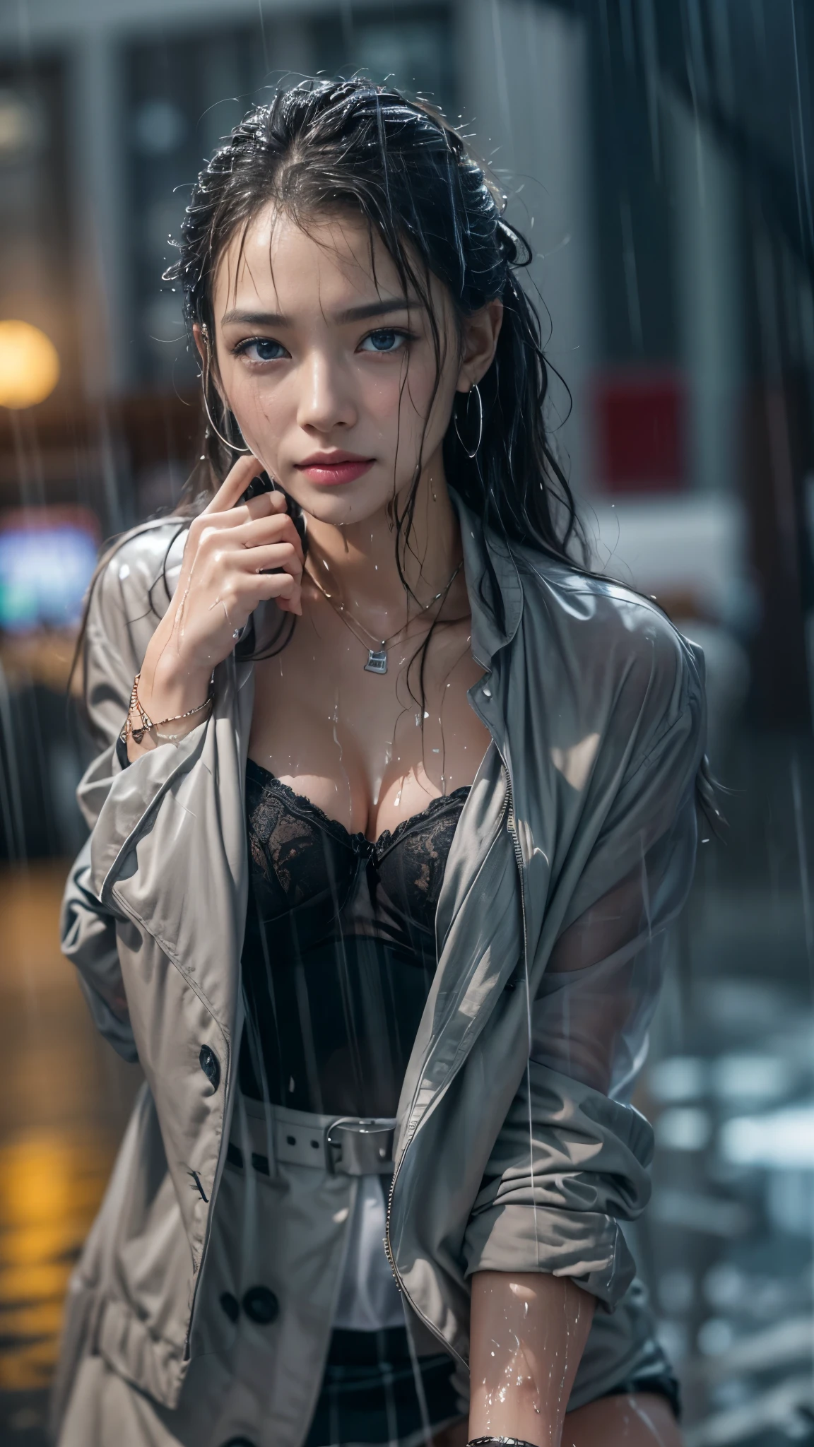 (RAW shooting, Photoreal:1.5, 8K, highest quality, masterpiece, ultra high resolution), perfect dynamic composition:1.2, Night street corner of a modern city, Whimpering:1.3, (((Typhoon heavy rain))), Highly detailed skin and facial textures:1.2, Slim office lady wet in the rain:1.3, sexy beauty:1.1, perfect style:1.2, beautiful and aesthetic:1.1, Fair skin, very beautiful face, water droplets on the skin, (rain drips all over my body:1.2, wet body, wet hair:1.4, wet office skirt:1.2, wet office lady uniform:1.3), belt, (Medium chest, Bra is transparent, Chest gap), (expression of sadness, embarrassing smile, The expression on your face when you feel intense caress, Facial expression when feeling pleasure), (beautiful blue eyes, Eyes that feel beautiful eros:0.8), (Too erotic:0.9, Bewitching:0.9), cowboy shot, Shoulder bag, necklace, earrings, bracelet, clock