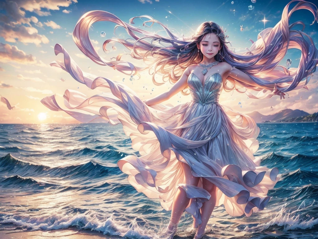 (best quality,4k,8k,highres,masterpiece:1.2),ultra-detailed,realistic:1.37,beautiful detailed eyes,beautiful detailed lips,extremely detailed eyes and face,longeyelashes,girls,dancing on the sea surface,crystal clear waters,reflections on the water,flowing dresses in the wind,rippling waves,graceful movements,joyful expressions,sunset colors,soft golden light,sparkling highlights,romantic atmosphere,ocean breeze,sparkling droplets,joyful celebration,natural beauty,ethereal atmosphere,blissful moment,serene ambiance,harmony with nature,seashore setting,smooth choreography,fluid dance steps,expressive gestures,dynamic and energetic,dancing under twinkling stars,smiling faces,splashes of water,delightful rhythm,joyous occasion,seaside serenade,dancing with the rhythm of the waves,exhilarating experience,vibrant colors,moving with the tide,seagulls soaring in the background,exhilarating sense of freedom