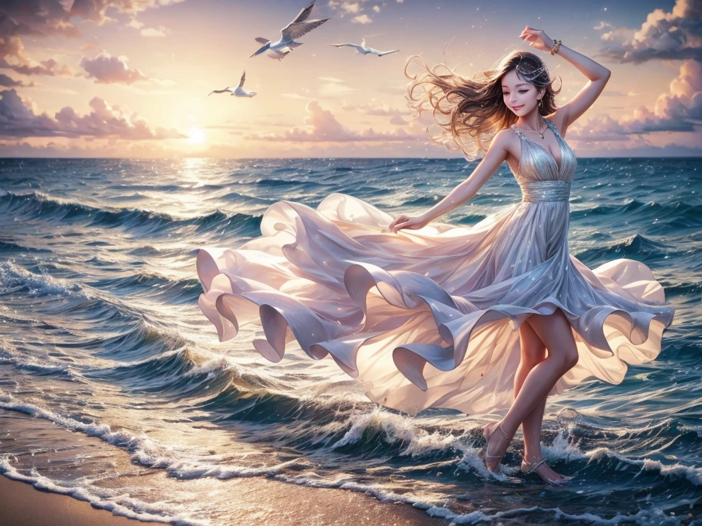 (best quality,4k,8k,highres,masterpiece:1.2),ultra-detailed,realistic:1.37,beautiful detailed eyes,beautiful detailed lips,extremely detailed eyes and face,longeyelashes,girls,dancing on the sea surface,crystal clear waters,reflections on the water,flowing dresses in the wind,rippling waves,graceful movements,joyful expressions,sunset colors,soft golden light,sparkling highlights,romantic atmosphere,ocean breeze,sparkling droplets,joyful celebration,natural beauty,ethereal atmosphere,blissful moment,serene ambiance,harmony with nature,seashore setting,smooth choreography,fluid dance steps,expressive gestures,dynamic and energetic,dancing under twinkling stars,smiling faces,splashes of water,delightful rhythm,joyous occasion,seaside serenade,dancing with the rhythm of the waves,exhilarating experience,vibrant colors,moving with the tide,seagulls soaring in the background,exhilarating sense of freedom