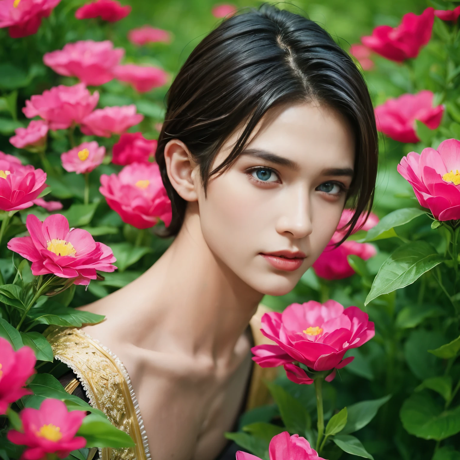 masterpiece, Best quality, realistic、Charming guy、Portrait of a handsome guy、1 guy, Blue eyes、Beautiful detailed eyes、sparkling eyes、flawless face、Perfect eyes,Perfect lips、flawless skin、Beautiful nose、beautiful mouth、short haircut, shaky soft blonde hair, brunette, short hair , flowers in hands , In the flower greenhouse, Portraiture、professional artwork、фотоrealistic、Elegant face、Flawless anatomy、shirtless. naked torso,ideal male body、male model ! Ultra realistic painting、fantastic male beauty !