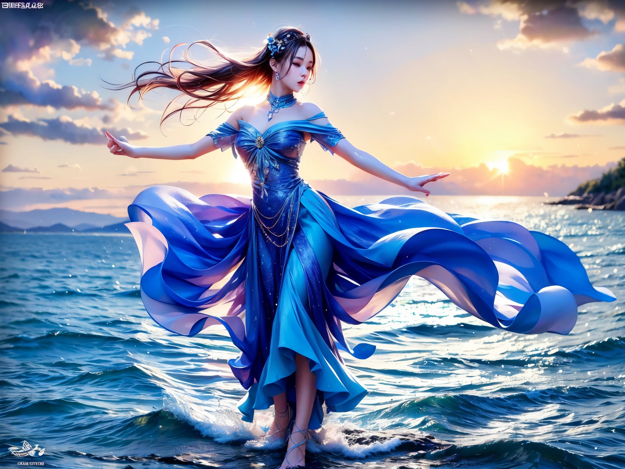 (ultra-détaillé,haute résolution,Meilleure qualité:1.2),mer scintillante, ciel de coucher de soleil vibrant, silhouettes, mouvements gracieux, expressions joyeuses, musique rythmée, robes fluides, Eau gazeuse, poses dynamiques, lanternes rougeoyantes, Atmosphère animée, reflets du coucher de soleil, mouvements de danse énergiques, vagues éclaboussantes, brise de mer, ambiance magique, chorégraphie harmonieuse, performance captivante, partenaires tourbillonnants, beauté éthérée