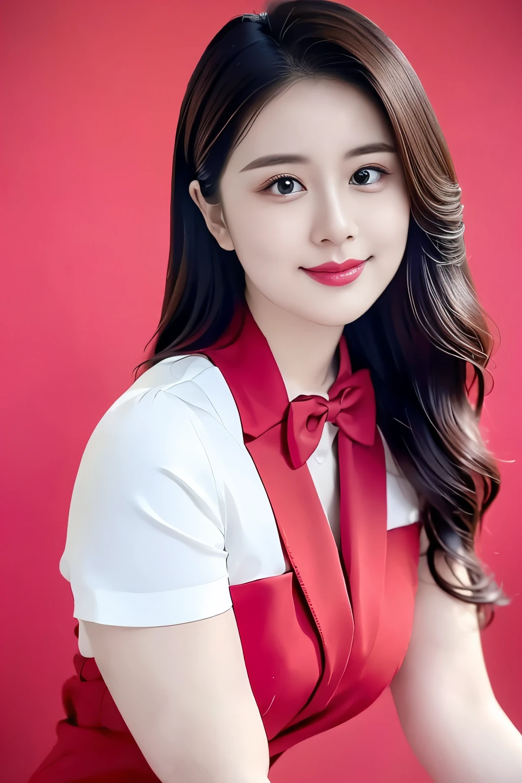 (top quality、8k、masterpiece:1.3))、30-year-old Korean woman，sharp focus, High level of image quality, high resolution，facial focus，Portrait ID photo，Upper body photo。Draw lips correctly, red lipstick，wear white shirt，red bow tie，Green suit。wavy long hair，hair tied up，ponytail，Mature，charming smile，Pink warm color background，solid color background