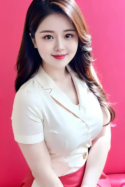 (top quality、8k、masterpiece:1.3))、30-year-old Korean woman，sharp focus, High level of image quality, high resolution，facial focus，Portrait ID photo，Upper body photo。Draw lips correctly, red lipstick，wear white shirt，red bow tie，red suit，Wearing red flowers...