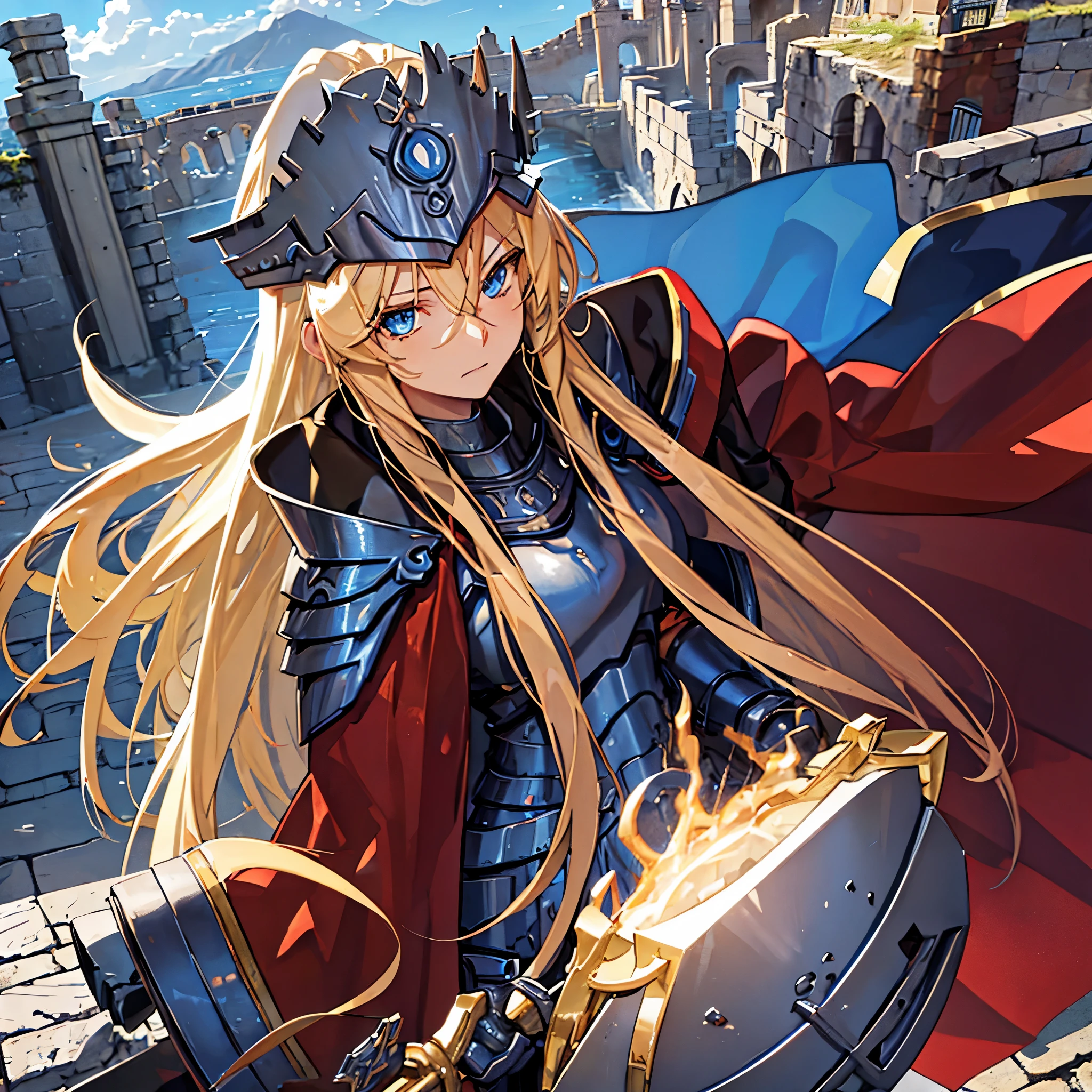 A woman with long blond hair, with blue eyes, wearing armor, wearing a centurion's helm, with a red cape, outside a Roman colisseum
