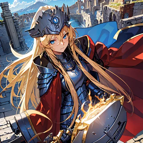 a woman with long blond hair, with blue eyes, wearing armor, wearing a centurion's helm, with a red cape, outside a roman coliss...