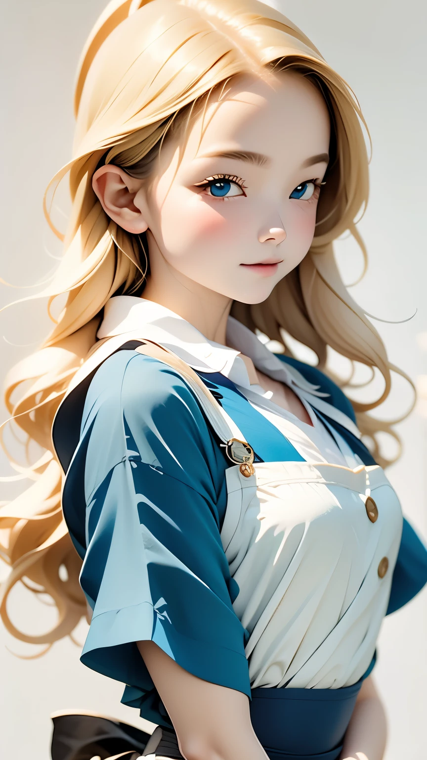 highest quality, ultra high resolution, realistic, cute girl pictures, detailed face, (Pueros face_V1:0.008), alice in wonderland, 13yo, blonde wavy hair, white apron, blue clothes, playing card pattern background, no makeup