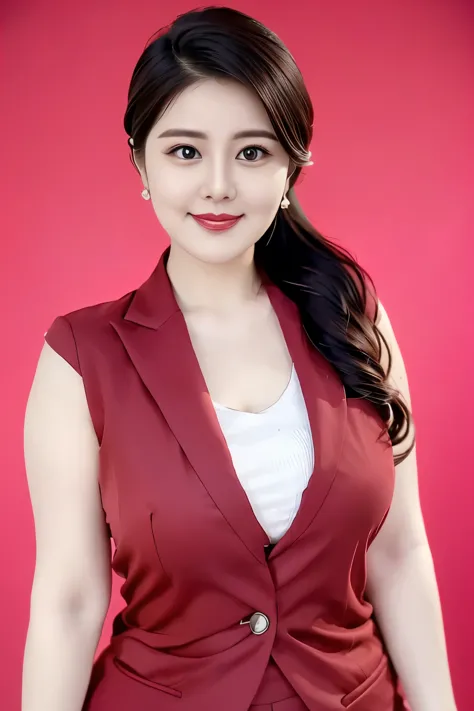 (top quality、8k、masterpiece:1.3))、30-year-old Korean woman，sharp focus, High level of image quality, high resolution，facial focus，Portrait ID photo，Upper body photo。Draw lips correctly, red lipstick，Wear a gray shirt，red suit，Green bow tie，，Wearing red flo...