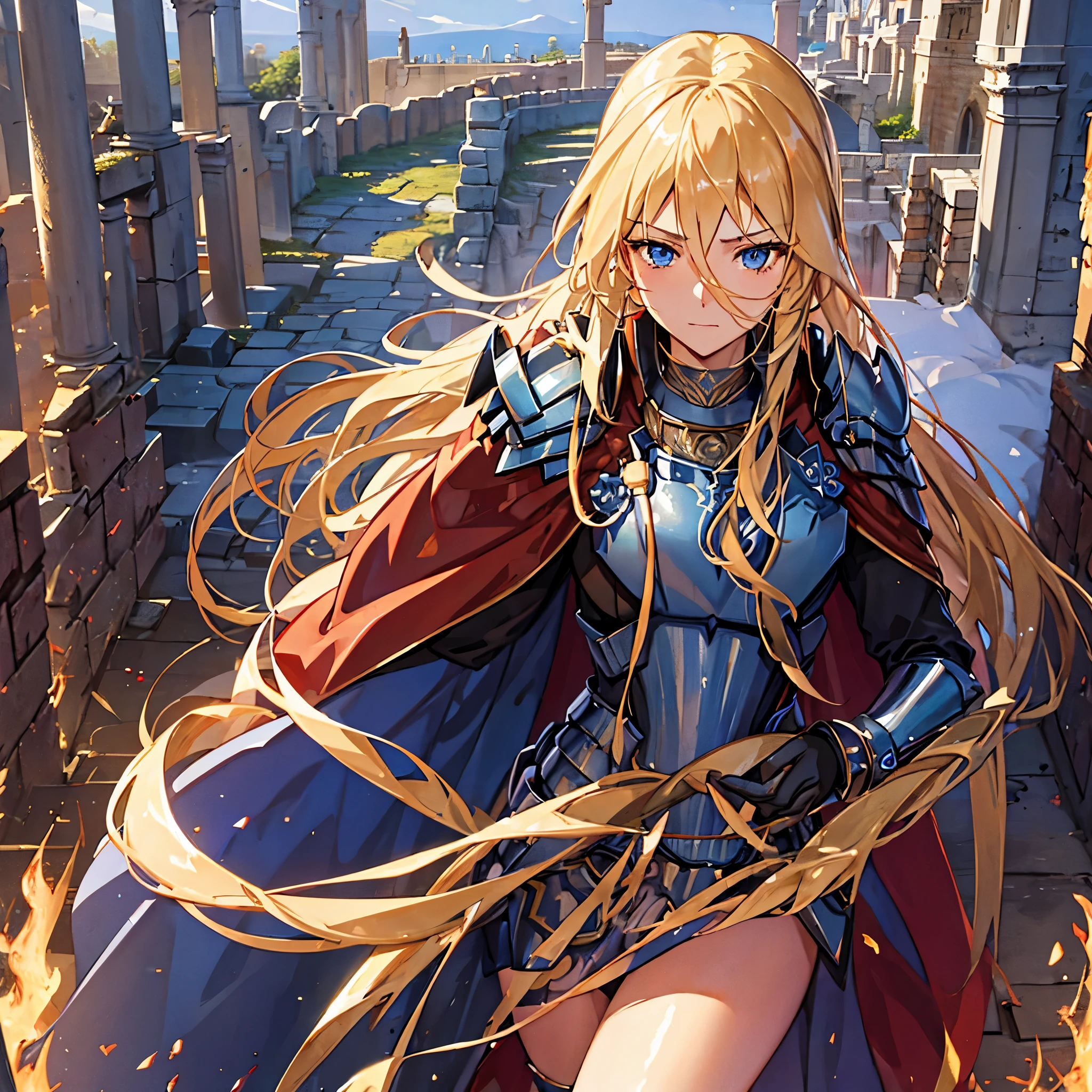 A woman with long blond hair, with blue eyes, wearing armor, wearing a centurion's helm, with a red cape, outside a Roman colisseum
