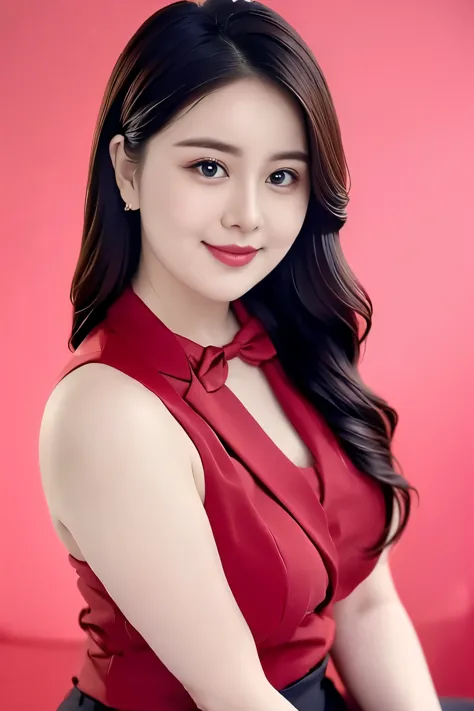 (top quality、8k、masterpiece:1.3))、30-year-old Korean woman，sharp focus, High level of image quality, high resolution，facial focus，Portrait ID photo，Upper body photo。Draw lips correctly, red lipstick，Wear a blue shirt，red suit，Green bow tie，，Wearing red flo...