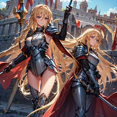 a woman with long blond hair, with blue eyes, wearing armor, wearing a centurion's helm, with a red cape, outside a roman coliss...